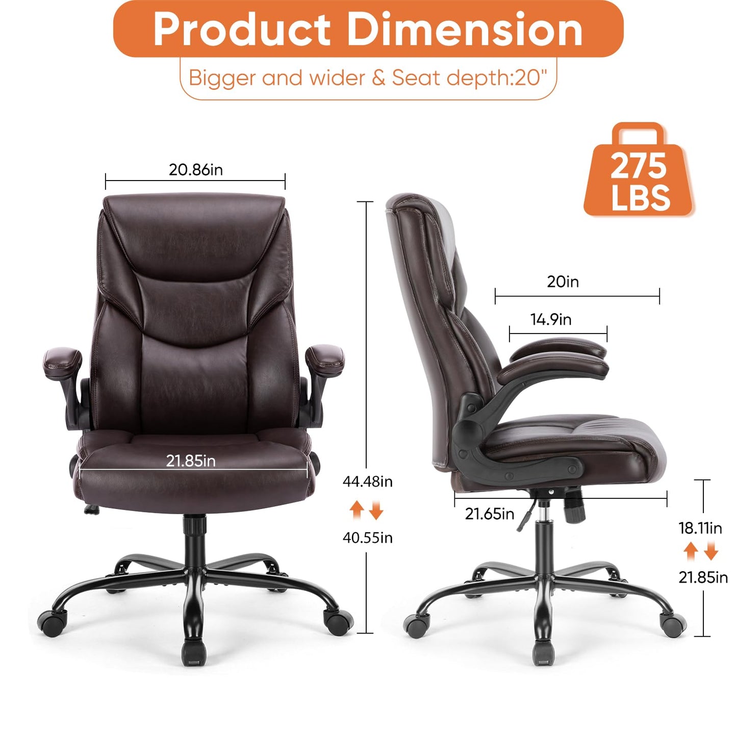 Sweetcrispy Ergonomic Computer Gaming Office Chair Set of 2, Heavy Duty Task Desk Swivel Rolling Chairs with Wheels, Flip-up Arms, Adjustable Height, PU Leather,Dark Brown