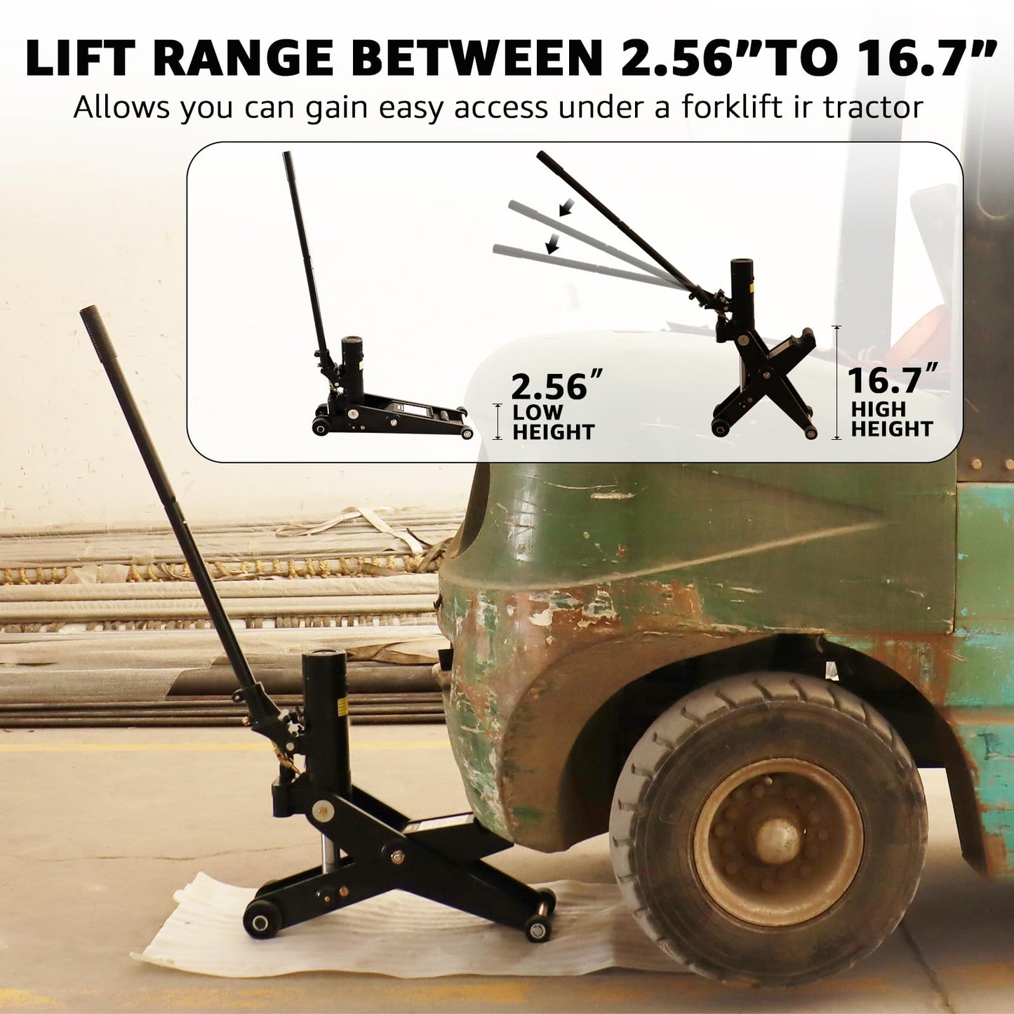 BESTOOL 5 Ton Hydraulic Forklift Jack, Low Profile Heavy Duty Service Jack for Forklift, Truck & Warehouse Equipment, Dual Lift Positions, 2.56" to 16.7" Lifting Range, 10,000 lbs Capacity