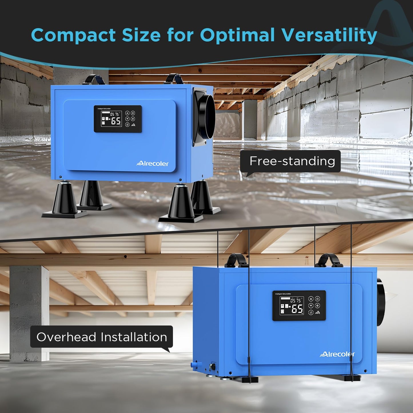 Airecoler 125 Pints Commercial Dehumidifier for Crawl Spaces & Basements with Drain Hose, Industrial Grade Water Damage Restoration for up to 6,000 sq ft, Auto Defrost, Memory Starting