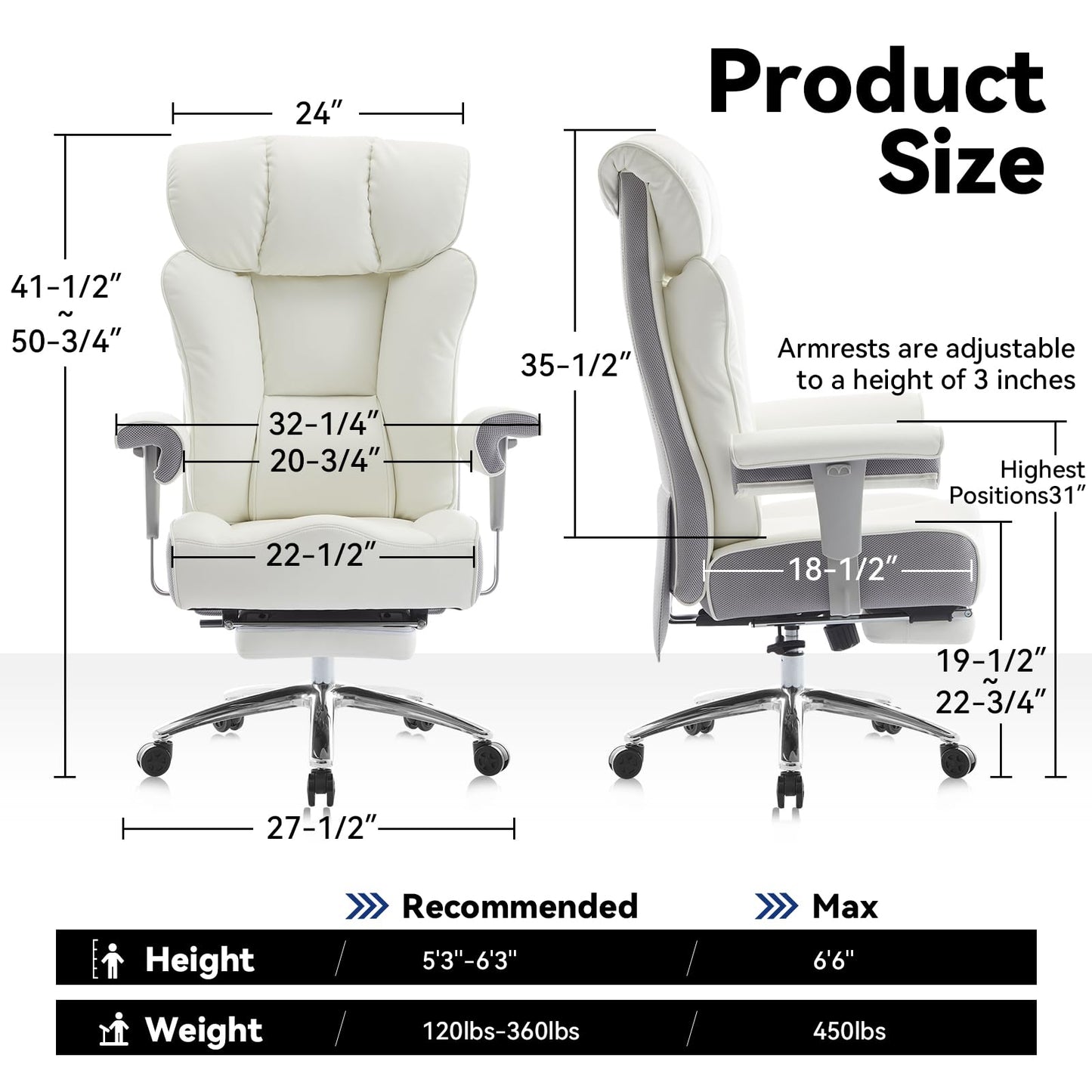 Efomao Big and Tall Office Chair with Footrest, 450lbs High Back Executive Chair with Spring Cushion, PU Leather Upholstery, Padded Armrests, Swivel Base, and Rolling Wheels – White Computer Chair