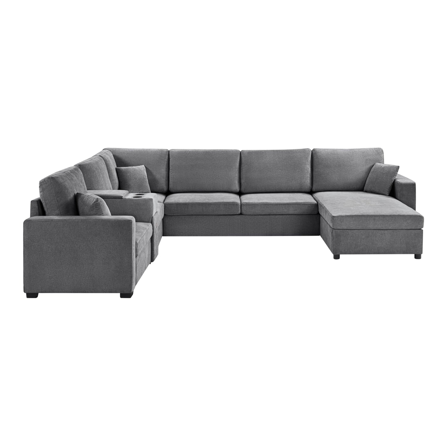 Merax Modern Oversized U-Shaped Sectional Sofa with Piollows & Chaise Lounge, Chenille 5-Seat Couch Set Sleeper Bed with Cup Holders, Storage Drawer for Living Room, Easy Assemble, Gray
