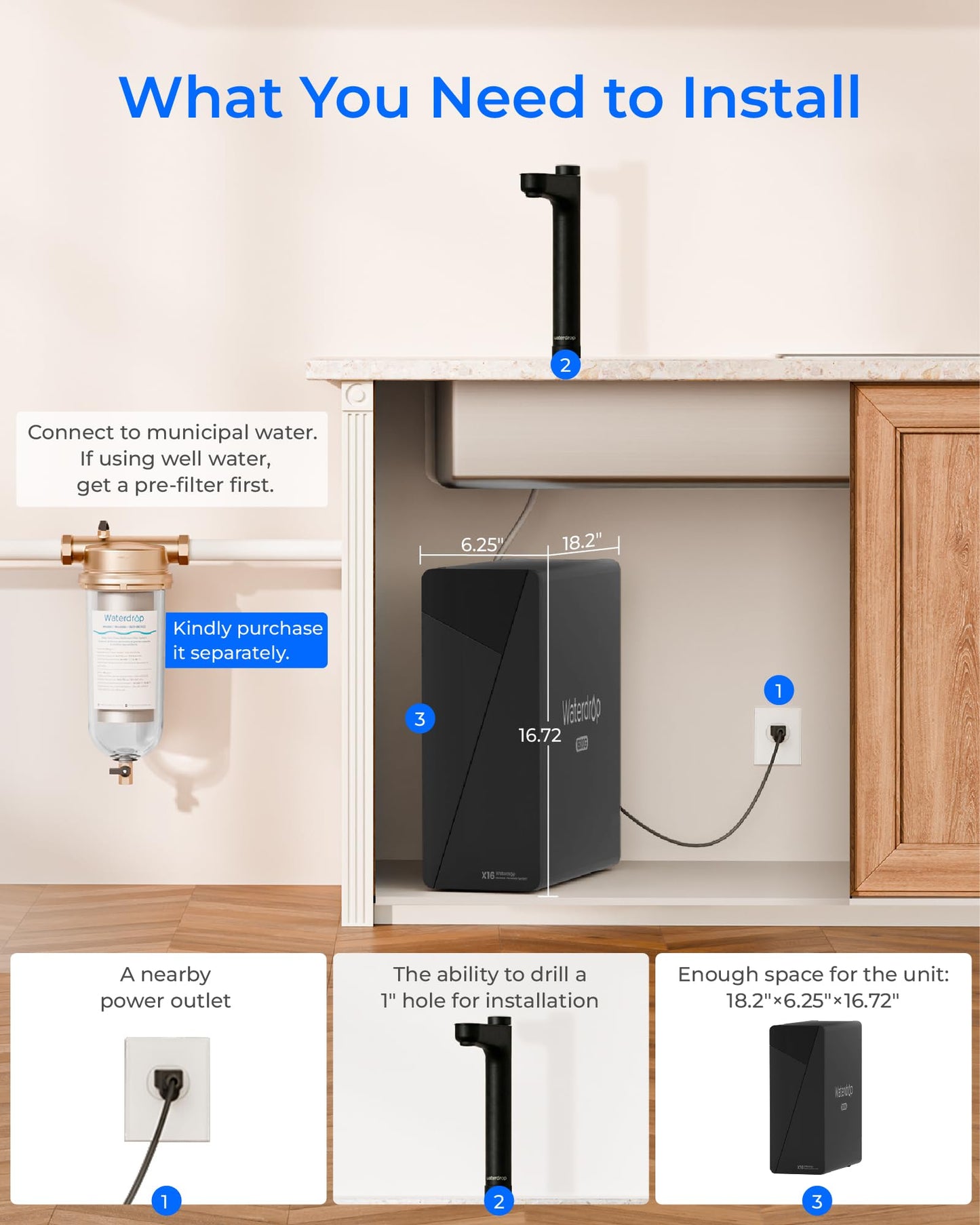 Waterdrop X16 Tankless Reverse Osmosis System, Alkaline Mineral, NSF/ANSI 42&58&372 Certified, 1600 GPD RO System, 11-Stage Filtration, UnderSink, 3:1 Pure to Drain, Smart Black Faucet, BPA Free