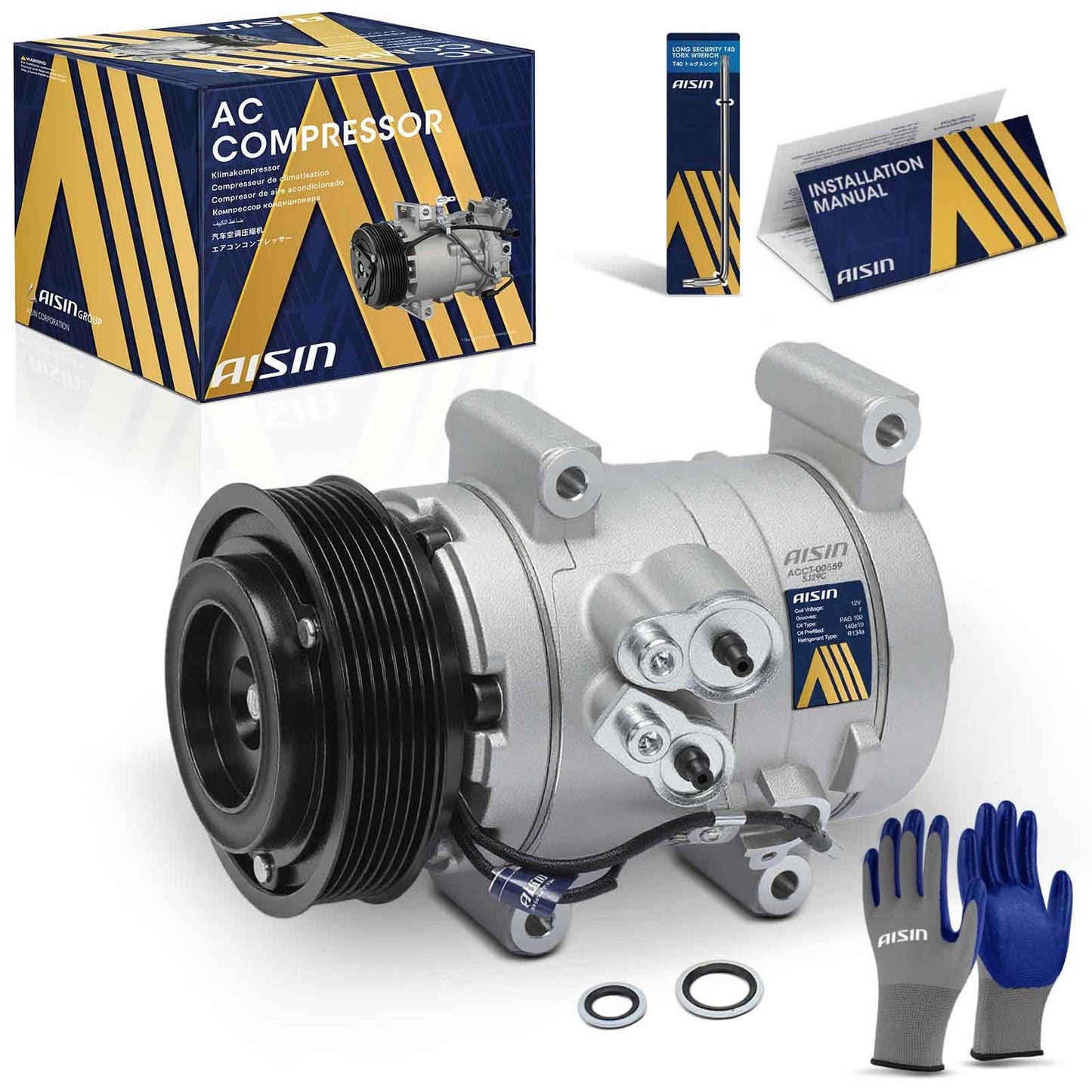 AISIN AFTERMARKET ACCT-00559 Air Conditioner AC Compressor - Compatible with Toyota Tacoma 2005-2015 2.7L 4.0L - with 7-Pulley Groove, with Clutch