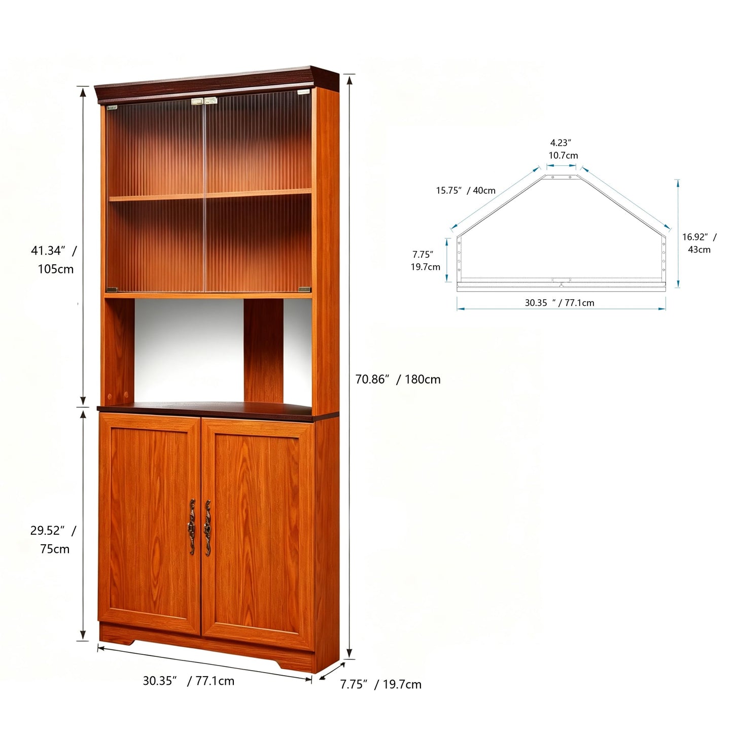 GDFStudio 70.89" Tall Corner Storage Cabinet with Doors, 5-Tier Wine Rack Display Cabinet with Mirrored Back Adjustable Shelves, Wood Coffee Bar Cabinet for Living Room Kitchen Dining Room, Dark Oak