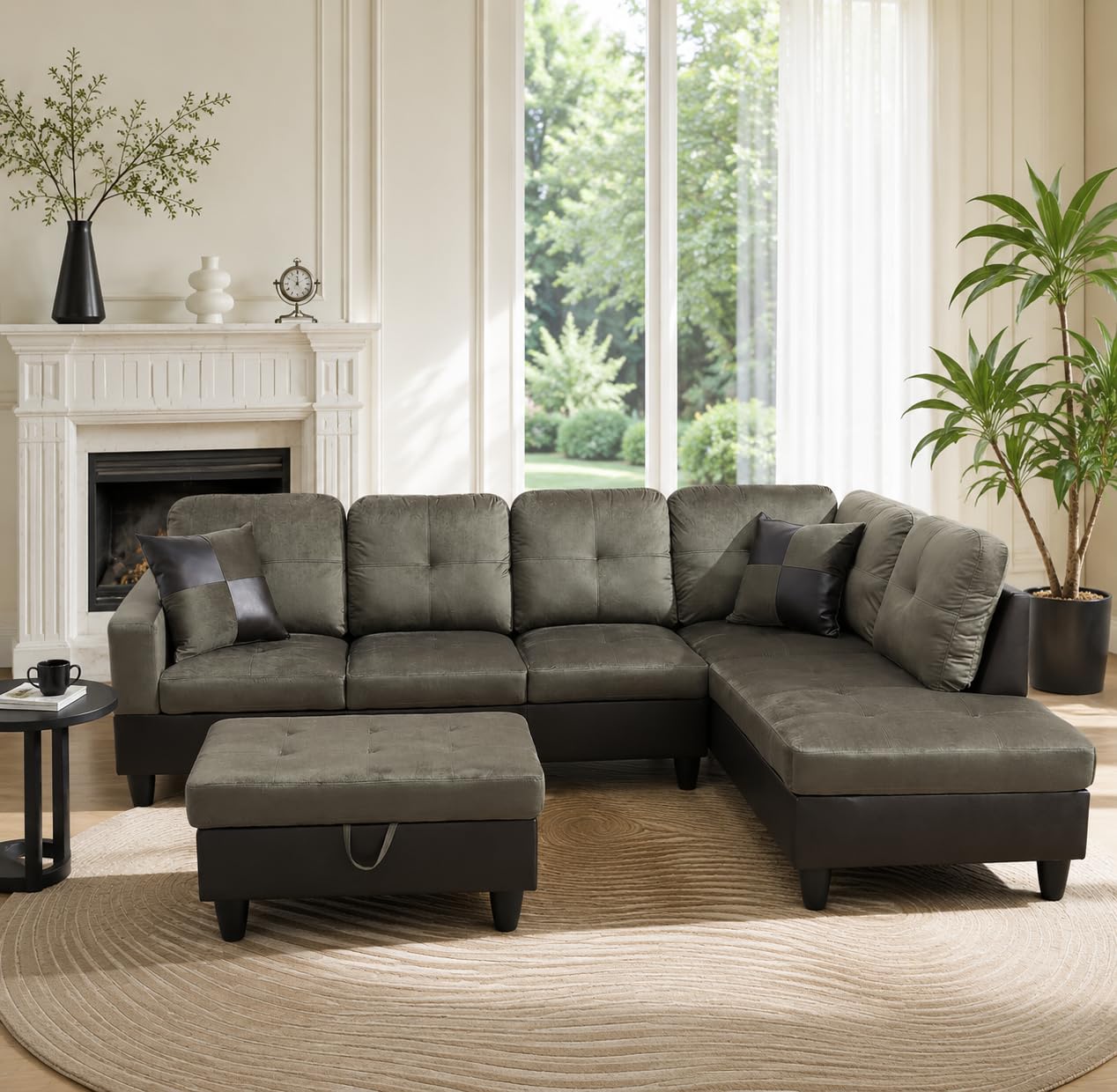 Trygoal 103.5 inch L-Shape Sofa with Storage Ottoman, Flannel Sectional Couch with Right Chaise, Modern 3-Piece Sofa Set, Upholstered Couch Set with Solid Wood Frame for Apartment, Loft, Taupe