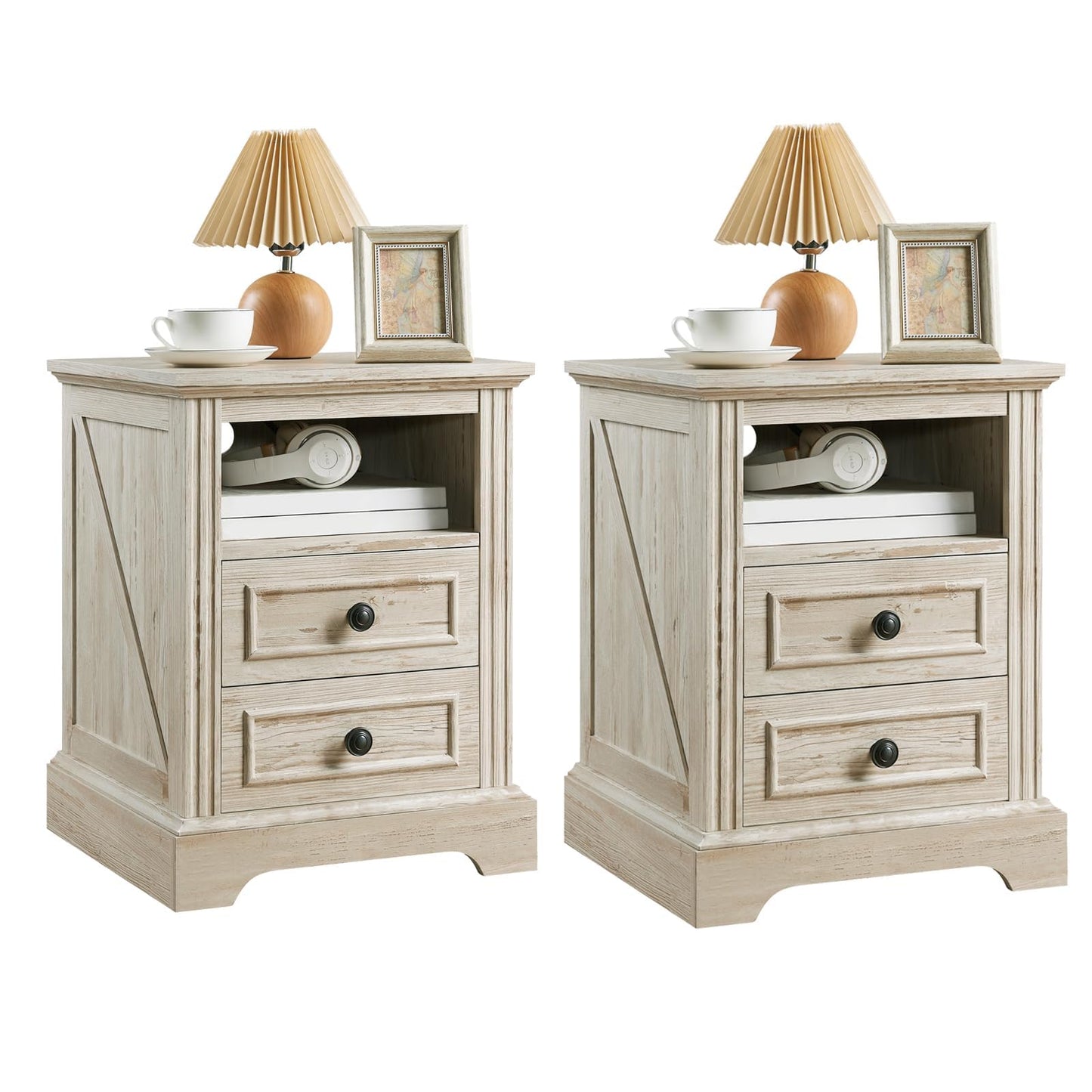 QUW Nightstand Set of 2 with Charging Station, Bedside Table with Open Storage and 2 Drawers, Side Table 18" Retro, End Table for Bedroom, Living Room, Washed Gray