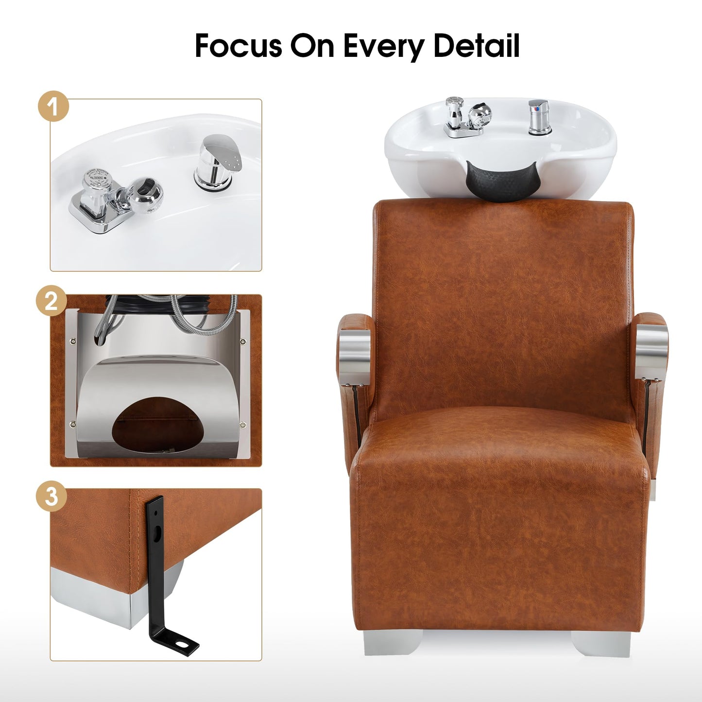 BarberPub Ceramic Bowl Backwash Shampoo Chair, Adjustable Hair Wash Sink and Chair Set for Professional Barbershop, Home&Beauty Spa Salon 9102 (Brown)