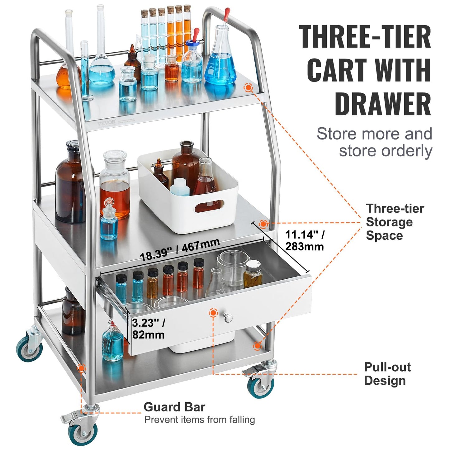 VEVOR Stainless Steel Utility Cart with 3 Shelves & 1 Drawer, 360 Swivel Casters, 220lbs Capacity