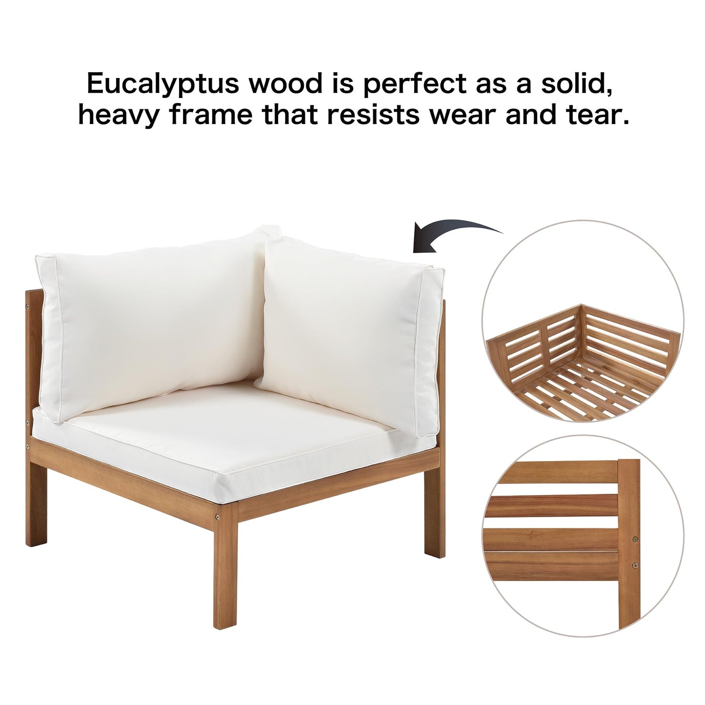 Wood Outdoor Sofa Set with Beige Cushions, Japanese Style Acacia Wood Frame, Water-Resistant UV-Protected Seats, Strong Metal Accessories, Flexible Modular Sectional for Garden Gazebo Patio