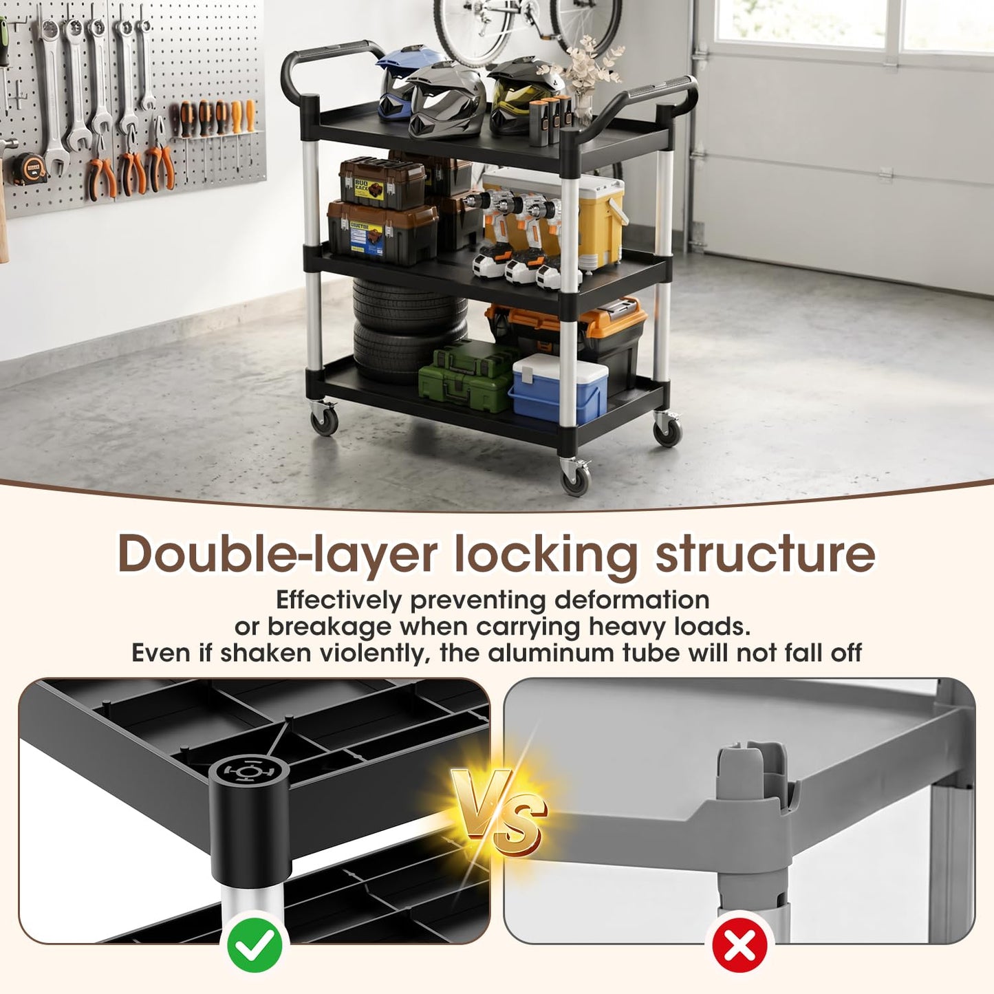 RAYCIDELI Plastic Utility Carts with Wheels, 3-Tier Rolling Cart with 4 Lockable Wheels, Heavy Duty 600 LBS Capacity Food Service Cart (Does Not Contain Recycled Plastic),19.3" D x 38.5" W x 39.5" H