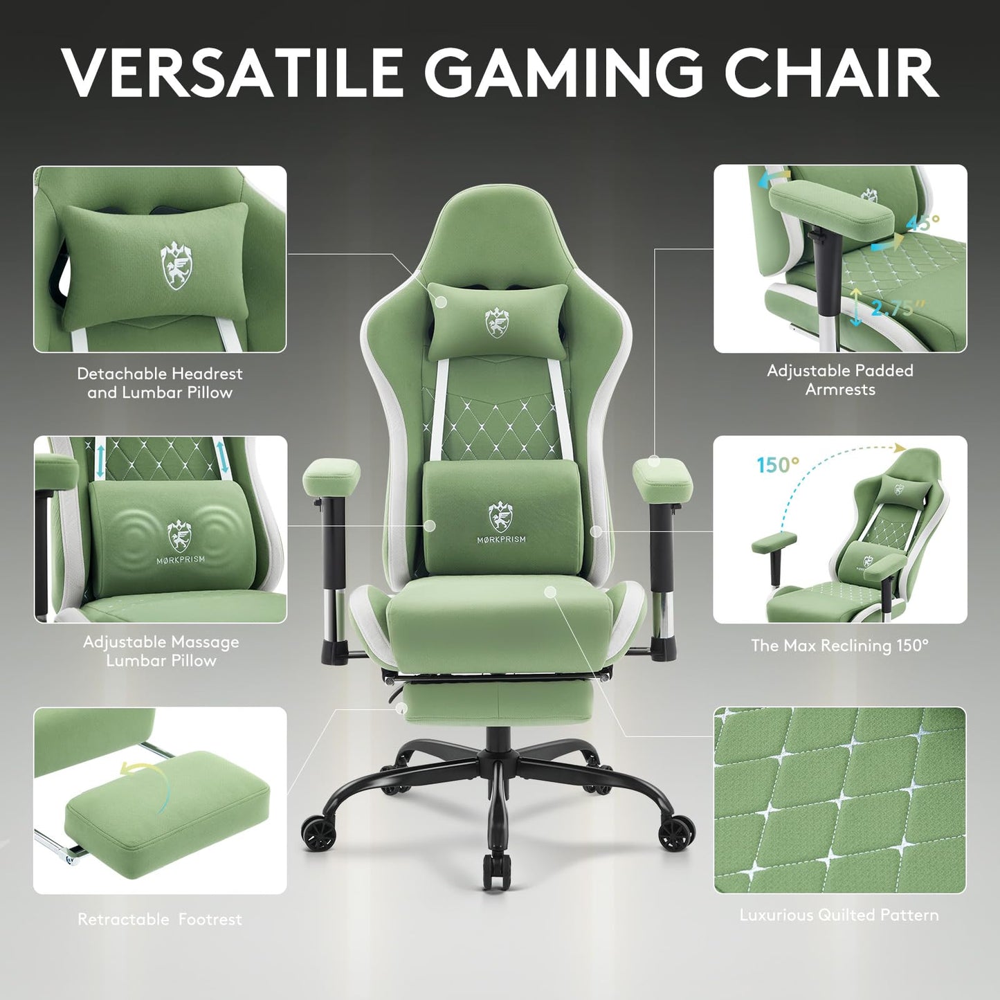 Morkprism Gaming Chair Breathable Fabric,Computer Office Chair with Footrest,Massage Lumbar Support and Gel Pad,Ergonomic Reclining Gamer Chair with Adjustable Armrests and Spring Cushion Green
