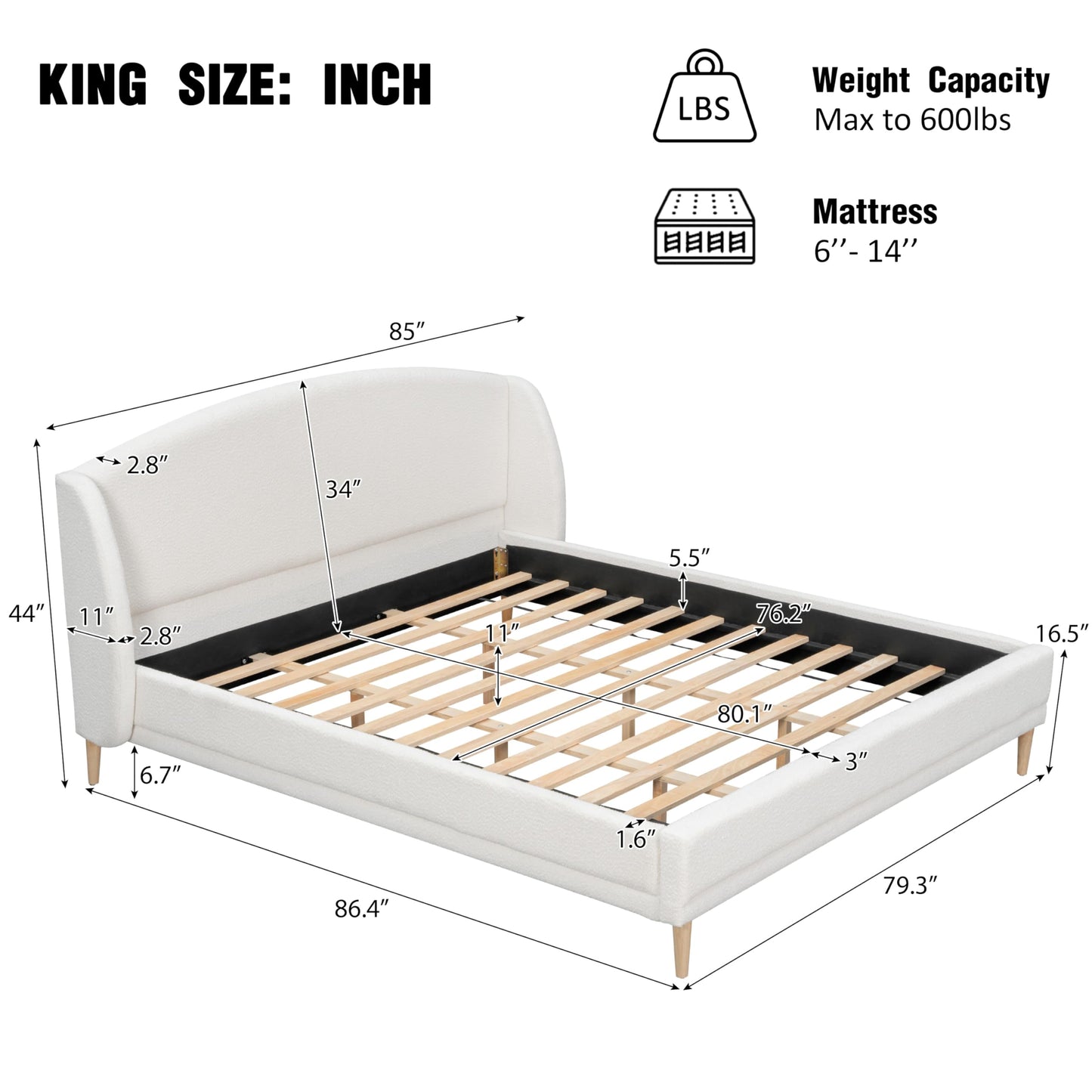 Christopher Knight Home Hazel King Size Bed Frame, Upholstered Platform Bed, Soft Boucle Wingback Headboard, Wood Bed Support and Slats, Curved-Shaped Headboard King Beds for Adult, 45.60" H White