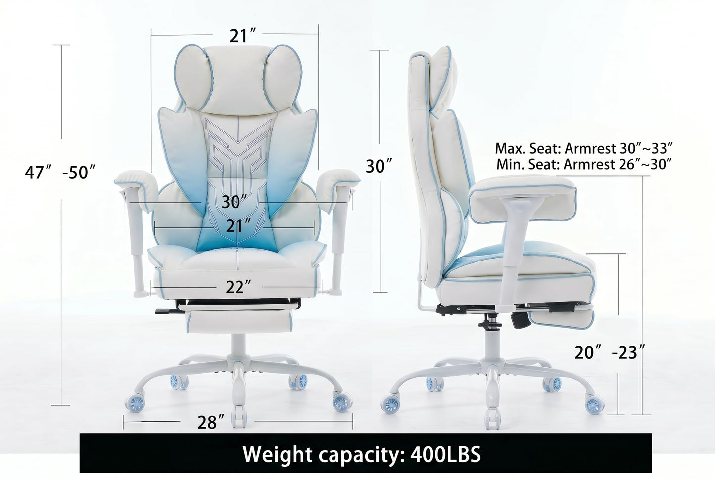 ATMILD Big and Tall Gaming Office Chair 400lbs - Heavy Duty Ergonomic Computer Desk Chair with Footrest, Adjustable Armrests, High Back PU Leather with Racing Style (White/Blue)