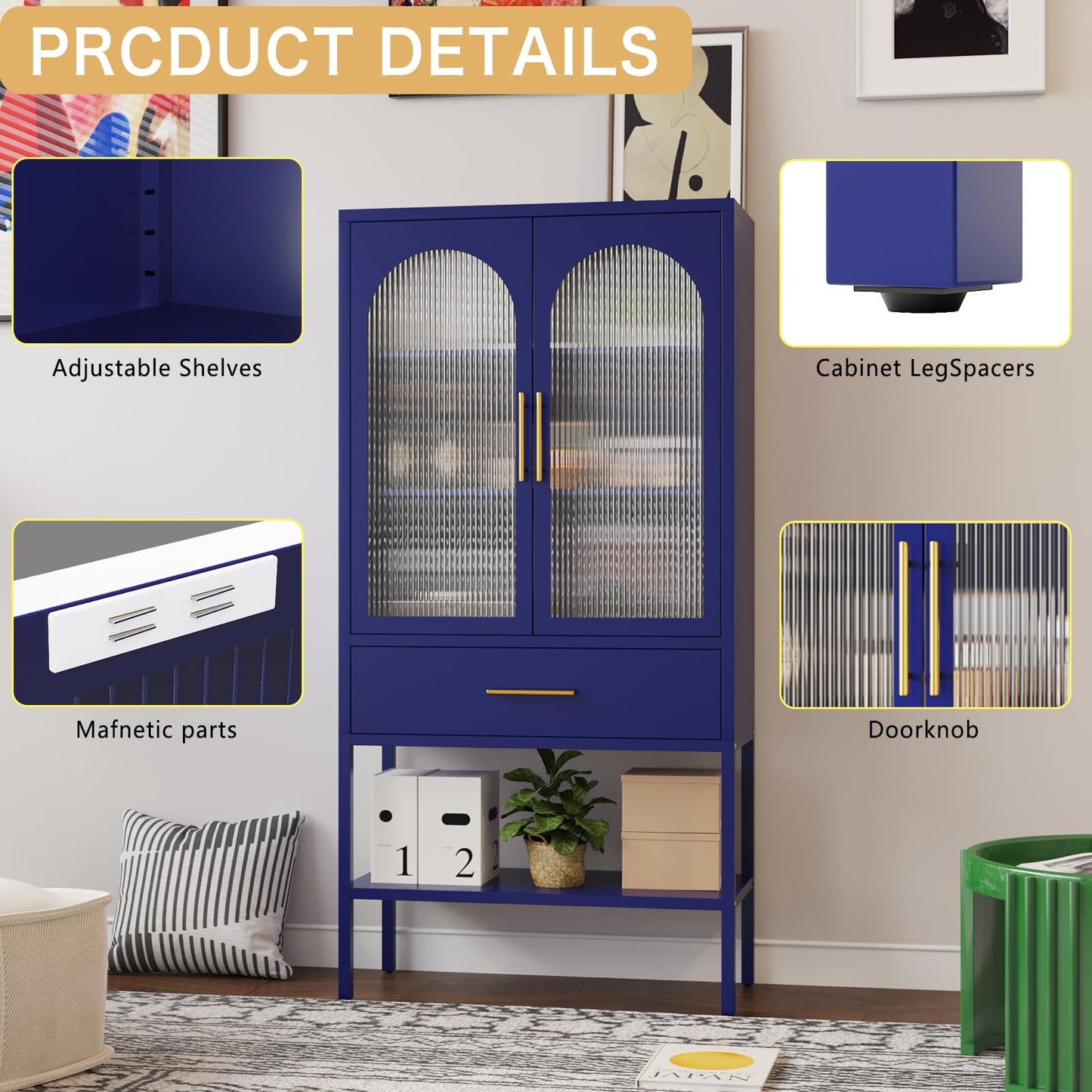 ALBAD 63 Inch Tall Metal Pantry/Display/Storage Cabinet with Fluted Glass Doors and Drawer & Adjustable Shelf for Modern Home Office Living Room Kitchen Blue