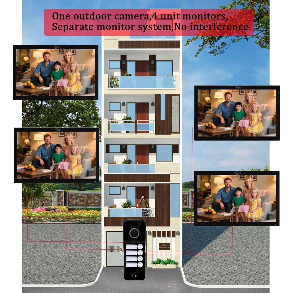 Wired Video Doorbell Apartment Intercom System,4 Family Units 10 Inch Touch Monitor,3 in 1 Unlocking,Dual Way Intercom Motion Detection Tuya for Villa Home (1 Doorbell(b)+ 4 Monitor(b))