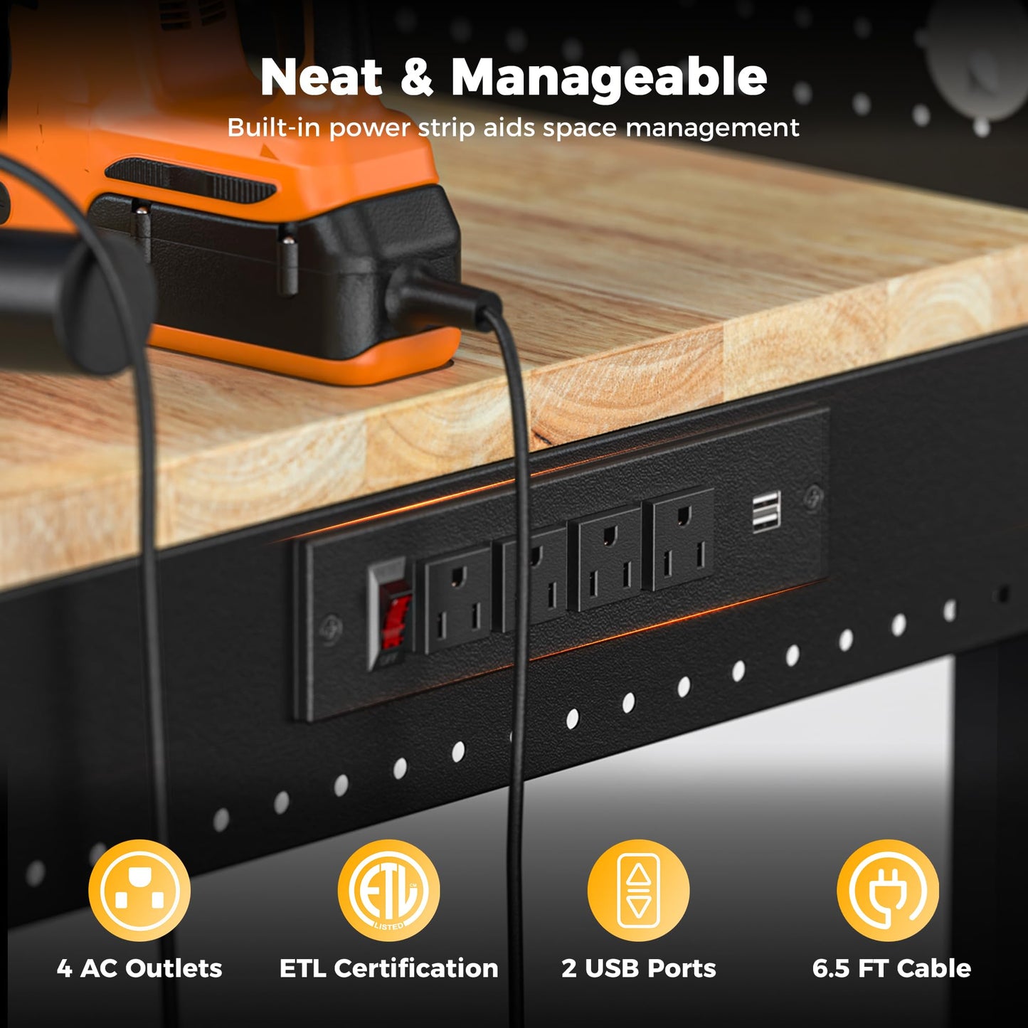 CAMMOO 48" Heavy Duty Work Bench Adjustable Height Max Load 2000 LBS with Storage Shelf for Garage Workbench, Rubberwood Tabletop with Pegboard, LED Light, Built-in Power Strip for Woodworking Shop