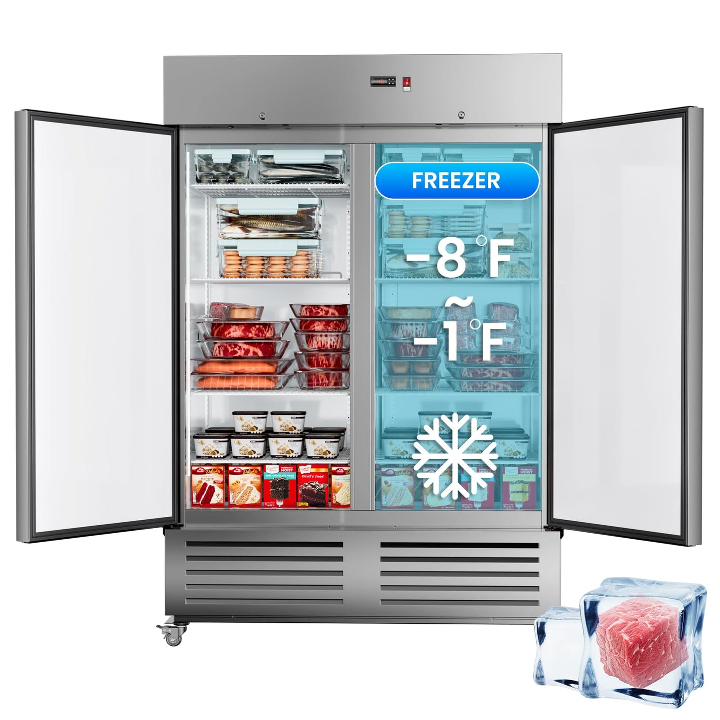 54"W Commercial Freezer 2 Door Stainless Steel Upright Freezer Reach-in Solid Door Upright Fan Cooling 36 Cu.ft 2 Section Freezer -8-1°F for Restaurant, Bar, Shop