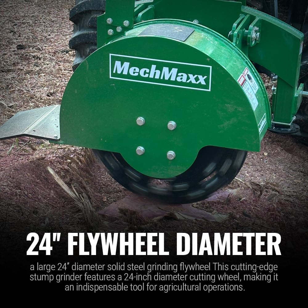 MechMaxx Heavy Duty 3-Point PTO Powered Stump Root Grinder For 15-45HP Tractors With 34 Carbide Teeth, 6'' Cutting Depth, 24'' Flywheel Diameter, Model SG24 Green