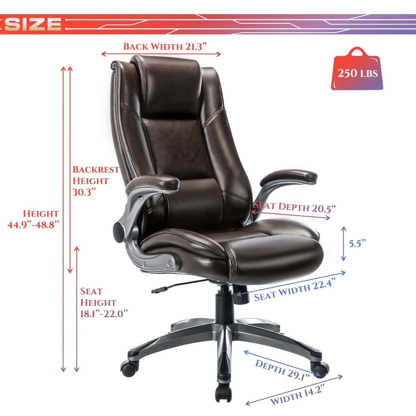 COLAMY Office Chair High Back Leather Executive Computer Desk Chair, Flip-up Arms and Adjustable Swivel Chair Thick Padding for Comfort and Ergonomic Design for Lumbar Support (Classic Black)