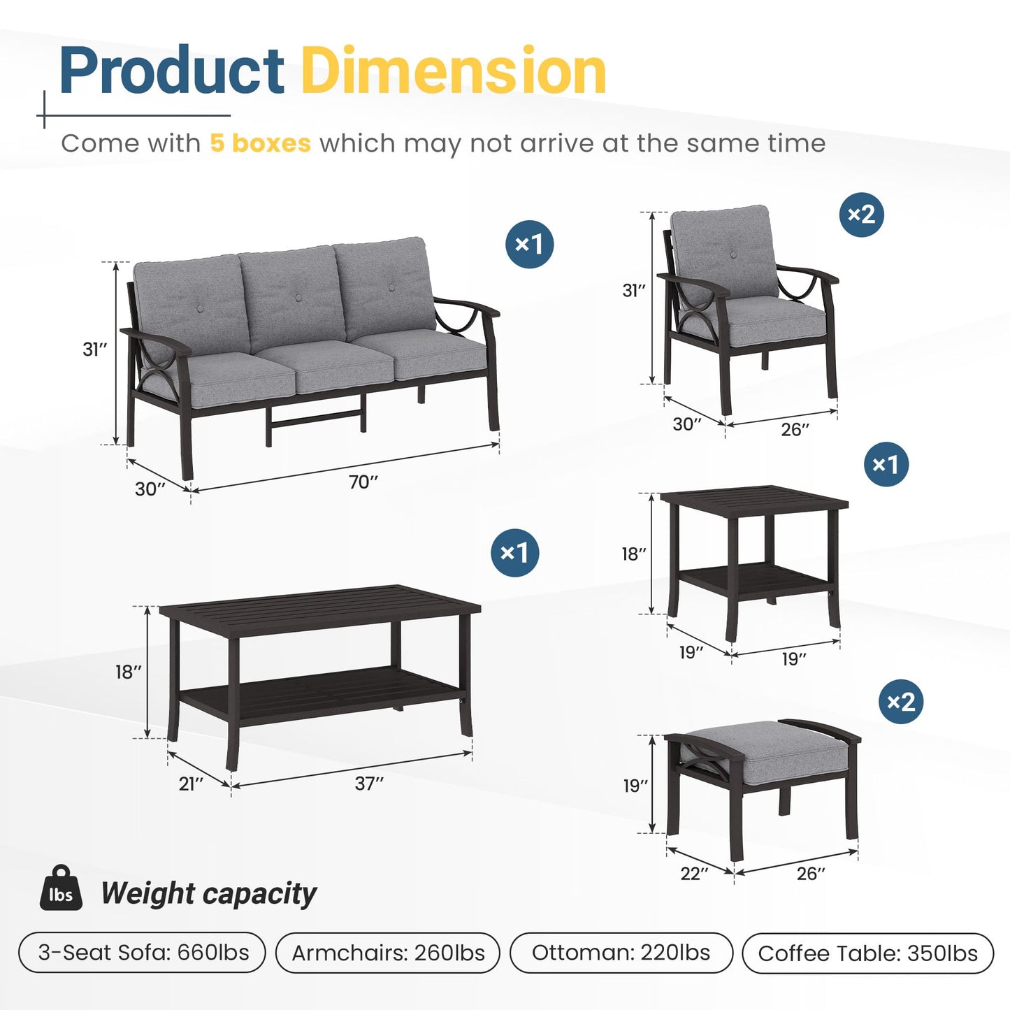 RoyalCraft 7-Pieces Outdoor Patio Furniture Set, Outdoor Metal Sectional Furniture with Cushions, Outdoor Conversation Seating Set with Coffee Table for Balcony, Backyard, Garden, Deck, Grey
