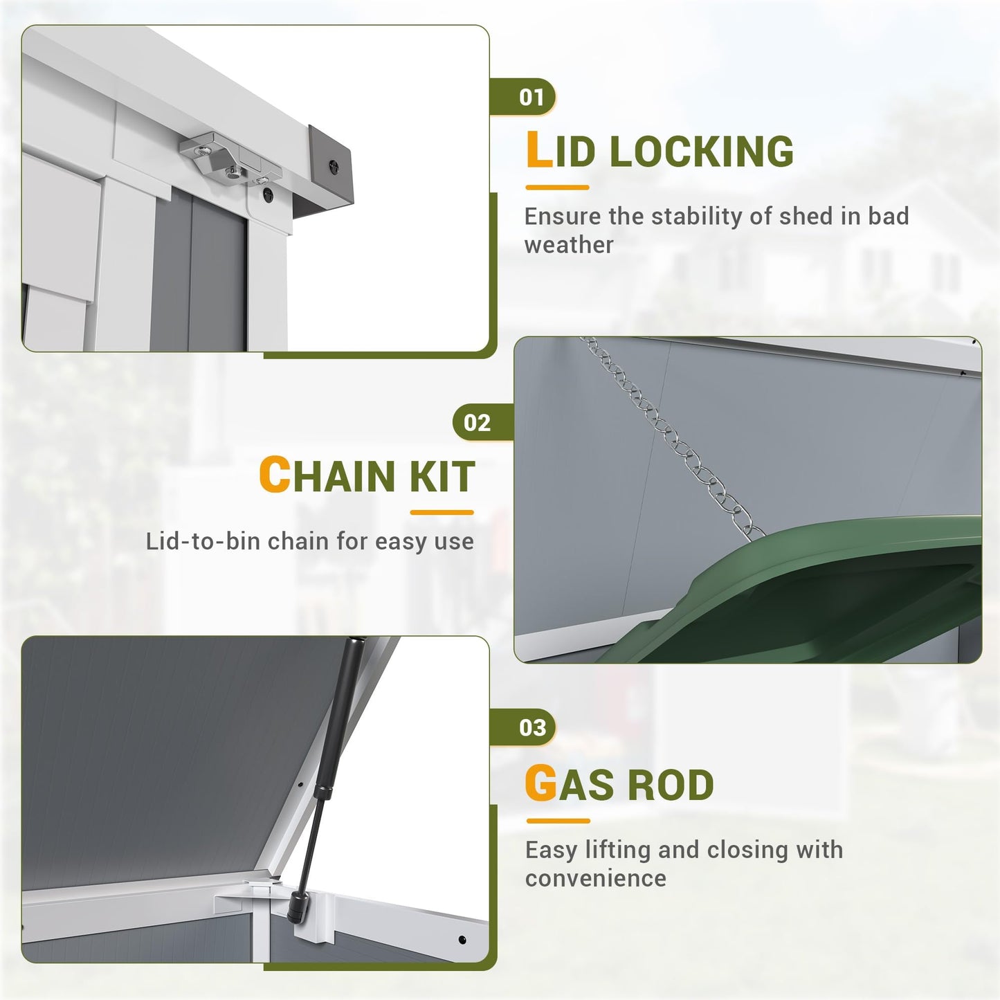 Storage Shed Outdoor Weatherproof Resin Storage Shed with Floor 41 Cu.Ft with Gas Spring, Lockable Doors for Trash Can Storage, Garden Tools, Suitable for patios, Poolside（Light Grey）