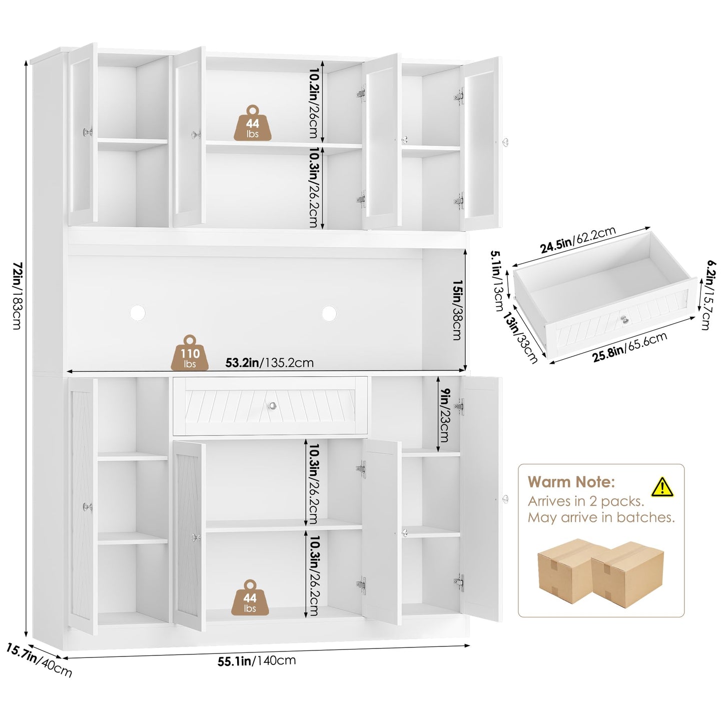 BOTLOG 72" Tall Kitchen Pantry Cabinet, 55.1" Wide Large Kitchen Hutch with Microwave Countertop, Coffee Bar Station with Drawer & Doors, White Freestanding Buffet Cupboard for Dining Room