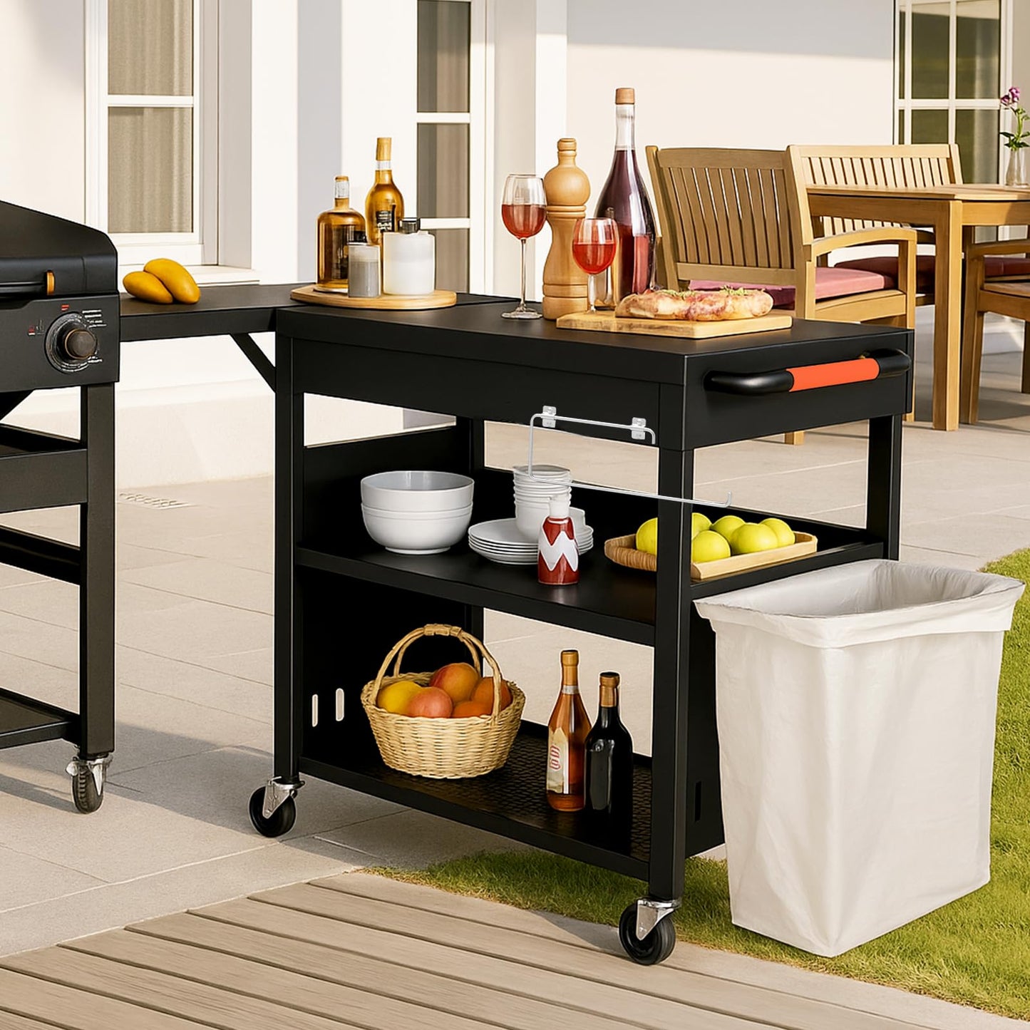 BBQMall Outdoor Grill Table Cart for Blackstone 28"/36" Omnivore Griddle, 50" x 22“ Large Outdoor Kitchen Island with Foldable Side Table for Blackstone 17”/22” Griddle, Home BBQ, Tailgates, Cookouts