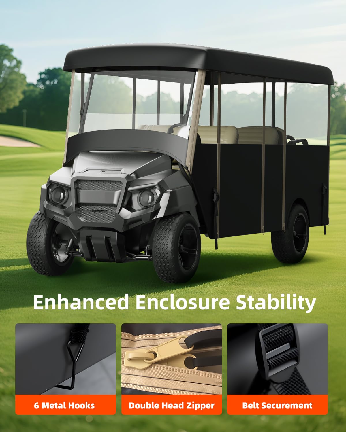Golf Cart Cover Enclosure 4&6 Passenger, Golf Cart Cover for Yamaha Club Car EZGO, Waterproof 600D Oxford Rain Cover, Transparent Tail Light Panel, Foldable Door,4-Sided Clear Windows