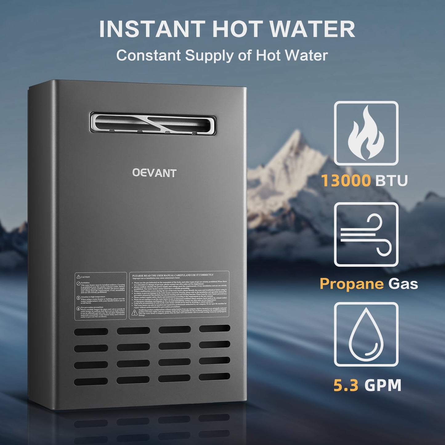 OEVANT Outdoor Tankless Water Heater, 130,000 BTU/5.3 GPM Propane Instant Hot Water Heater with CSA Certified＆Smart Temperature Control, Propane Gas, Security Protections for Whole House-Silver Gray