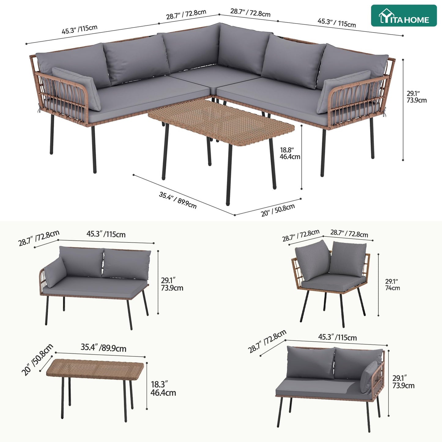 YITAHOME 4-Piece Wicker Patio Furniture Set, All Weather PE Rattan Conversation Set Sectional Sofa with Soft Cushions & Side Table, Porch Furniture for Deck, Balcony, Backyard - Gray
