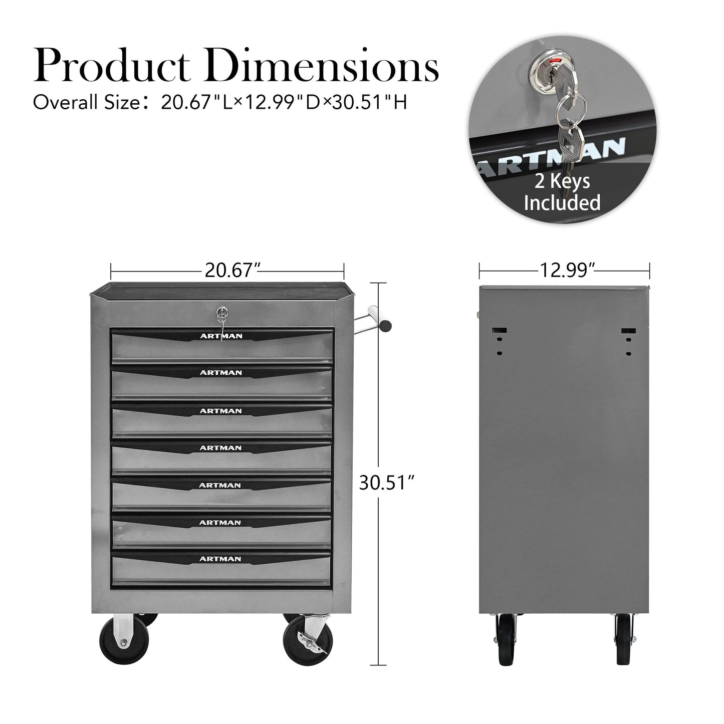 KEIKI Rolling Metal Tool Box with 7 Drawers, 20" Steel Tool Storage Box Organizer, 7 Drawer Tool Chest with Ball Bearing Drawer Slides, Silver