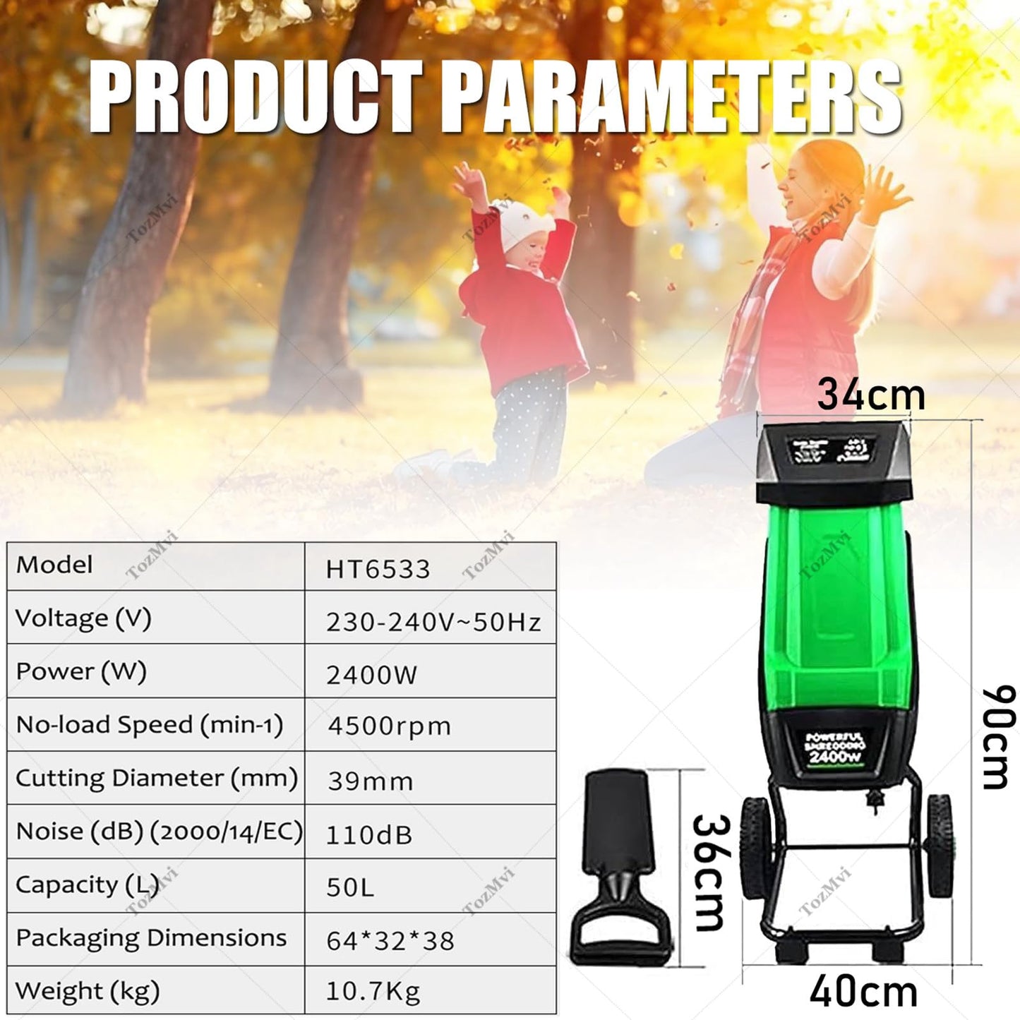 TozMvi 2400W Garden Cleanup Tool with Wheels,Electric Wood Chipper & Shredder & Efficient Leaf Mulcher,4500 RPM Electric Yard Waste Shredding Machine,with 50L Collection Bag