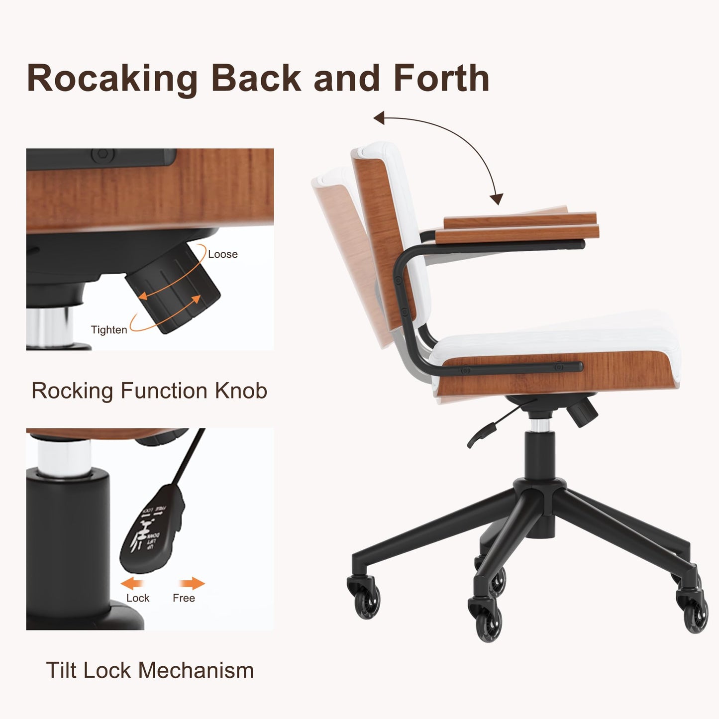 CoVibrant Ergonomic Office Chair with Rubber Wheels & Walnut Arms - PU Leather Mid-Back Desk Chair, Adjustable Height, Bentwood Backrest | Swivel Rocking Design for Home Office, Meeting Room, Study