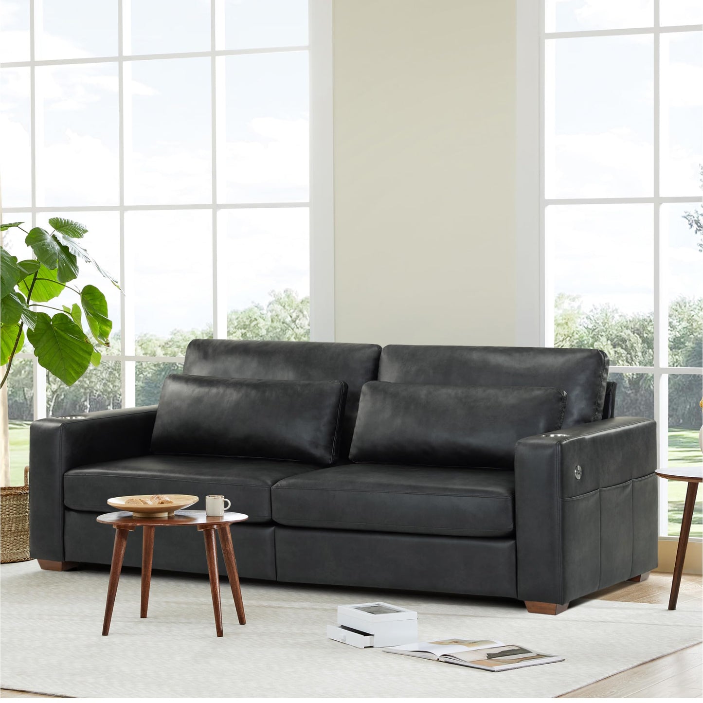 KISLOT 89" Sofa Couch for Living Room Faux Leather Upholstered Couch with Deep Seats and Wide Armrests 3 Seater Comfy Sofa with Cup Holders, USB & Type-C Ports, Spring Cushion, Solid Wood Frame Black