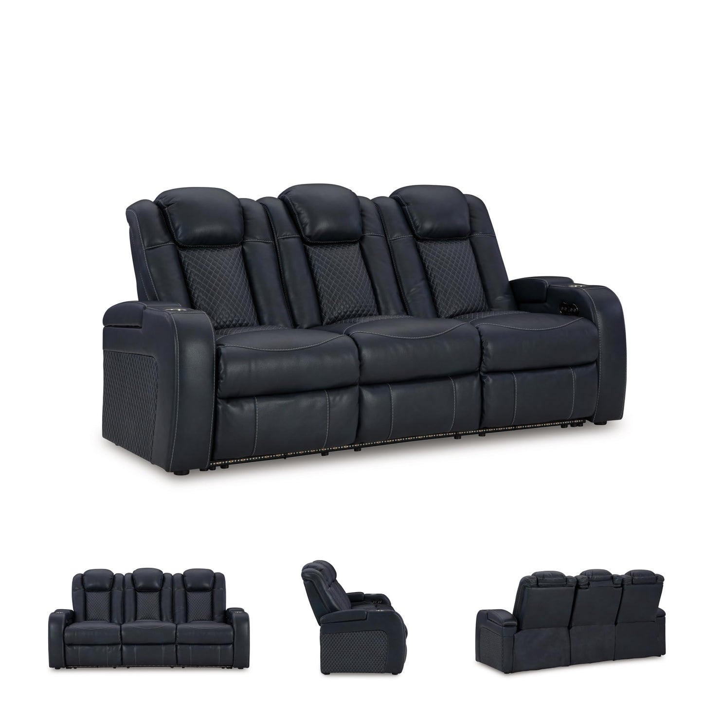 Signature Design by Ashley Fyne-Dyme Power Reclining Sofa with USB Ports and Adjustable Headrest, Drop Down Table, Faux Leather, 21" Seat Height, Blue