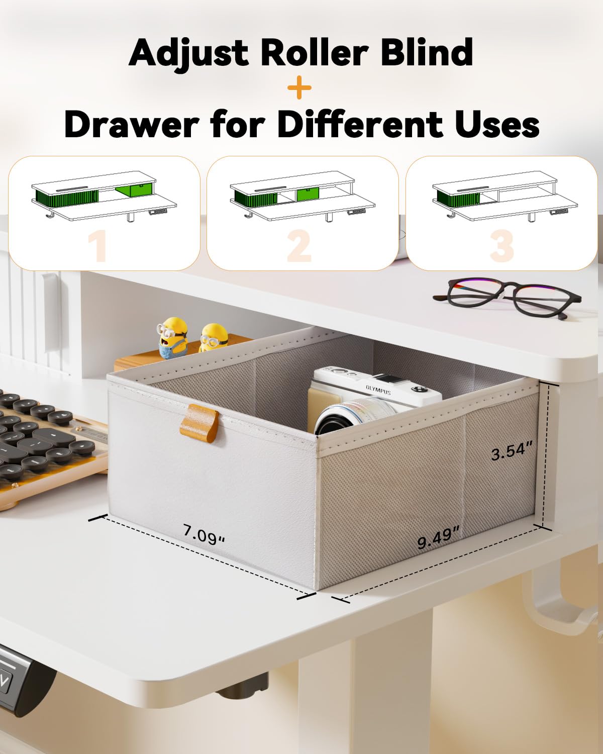 JOY worker Small Electric Standing Desk, 35" x 25" Height Adjustable Desk with Built-in Monitor Stand & Storage Drawer, White Sit Stand Table with 2 Hooks for Home Office