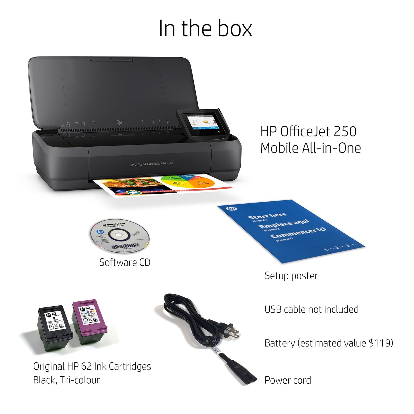 HP OfficeJet 250 Wireless Mobile Printer, Scanner, Copier - Black, Battery Included (CZ992A)