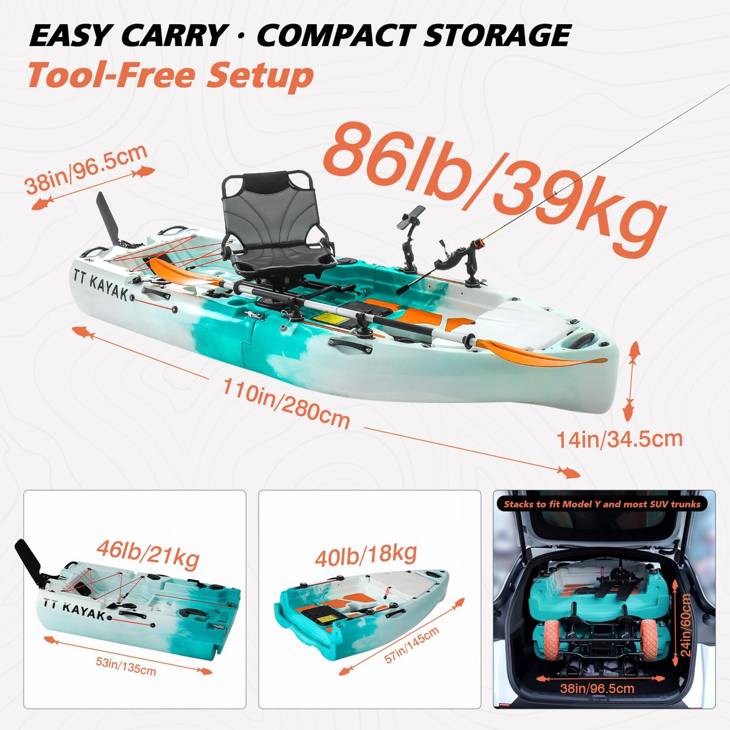 Modular Fishing Kayak with Cart & Paddle, 573 lbs Capacity, 110" Sit-on-Top Kayak, 360° Swivel Seat, 2-Piece Portable Design Fits SUV/Pickup/Van, for Ocean, Lake & River (1-Person Kayak)