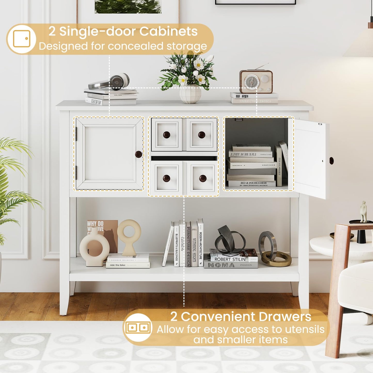 Giantex Sideboard Buffet Cabinet with Storage, 42’’ Wood Credenza, Accent Coffee Bar Cabinet with Open Shelf, 2 Drawers & 2 Doors, Buffet Table for Entryway, Kitchen, Living Room, Hallway, White
