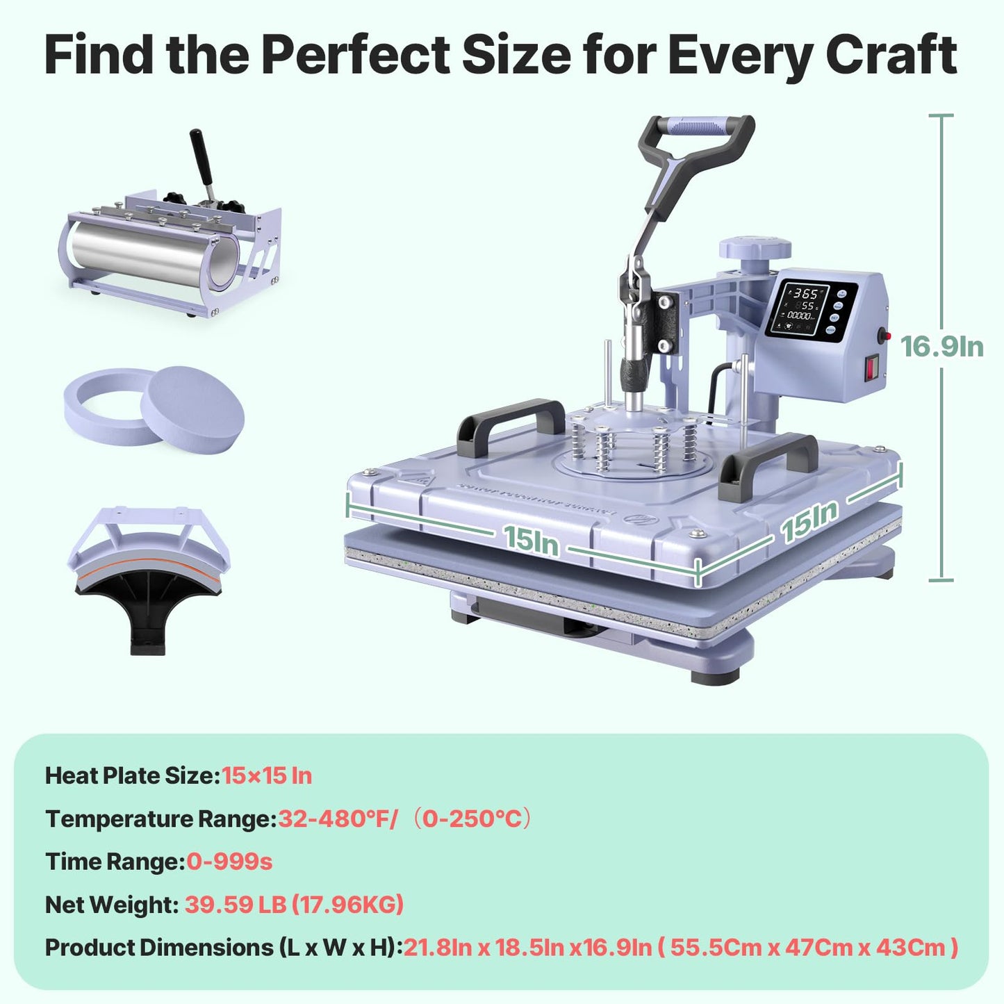 Slendor Heat Press 15x15 Inch 5 in 1 Heat Press Machine with 30OZ Tumbler 360-Degree Swing Away Digital Multifunction Heat Transfer Sublimation Combo for T Shirts Mugs Hat Plate Cap, Lavender