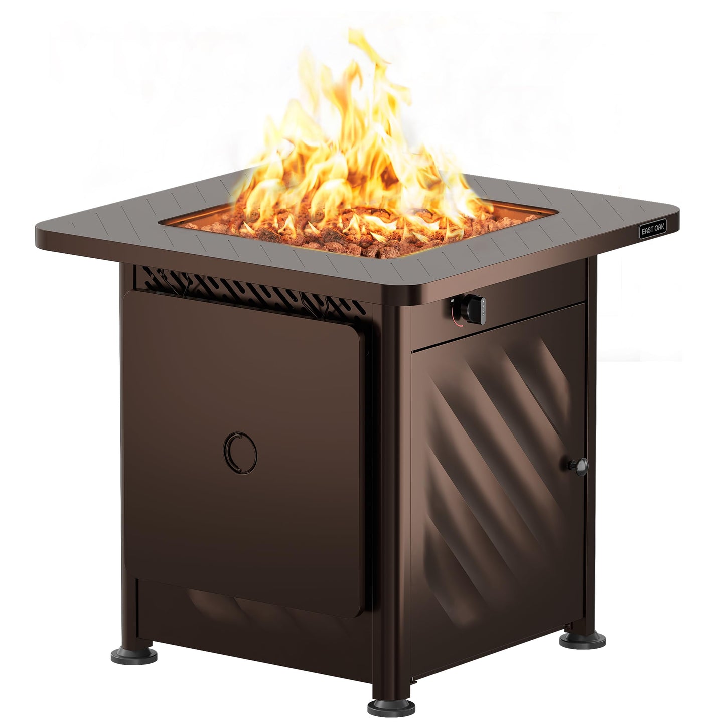 East Oak 28” Outdoor Propane Fire Pit Table | 52,000 BTU Gas Fire Pit for 2-4 People with Space-Saving Hock Lid, Mesh Pocket & Lava Rocks | CSA Certified Safe for Patio, Deck, Backyard, Brown