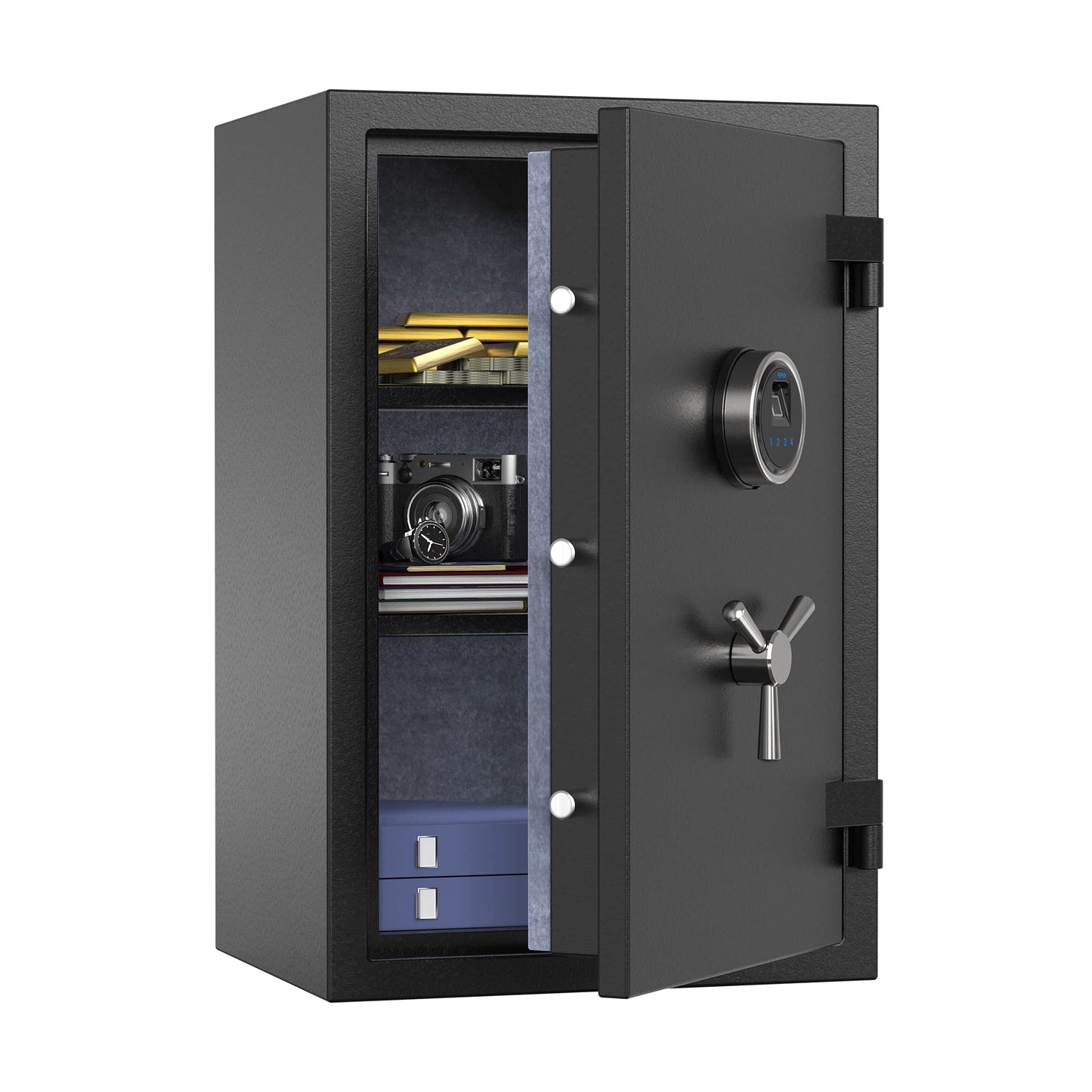 RPNB Biometric Fingerprint Fireproof Safe Box,Digital Fire Proof Safe with 3 Spoke Handle,Touch Screen and Removable Shelf,Fireproof Home Safes for Money Documents Jewelry and More,2.12 Cubic Feet
