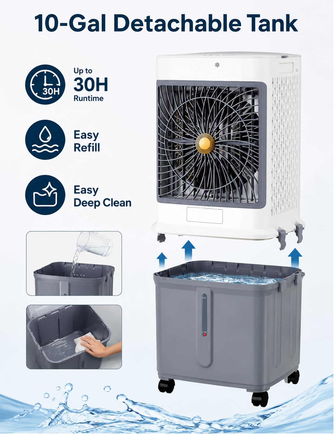 Swamp Cooler, Portable Air Conditioners Evaporative Air Cooler with 10GAL Detachable Tank, Windowless AC Unit Cooling Fan That Blow Cold Air with 120° Swing, 3 Speeds, Timer for Garage Patio Workshop