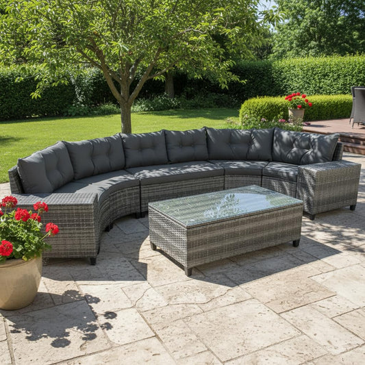 8-Piece Outdoor Wicker Round Sofa Set, Half-Moon Sectional Sofas with Cushions, PE Rattan Curved Lounge, Rectangular Coffee & Side Tables, Sturdy Patio Seating for Garden, Deck, Balcony, Gray