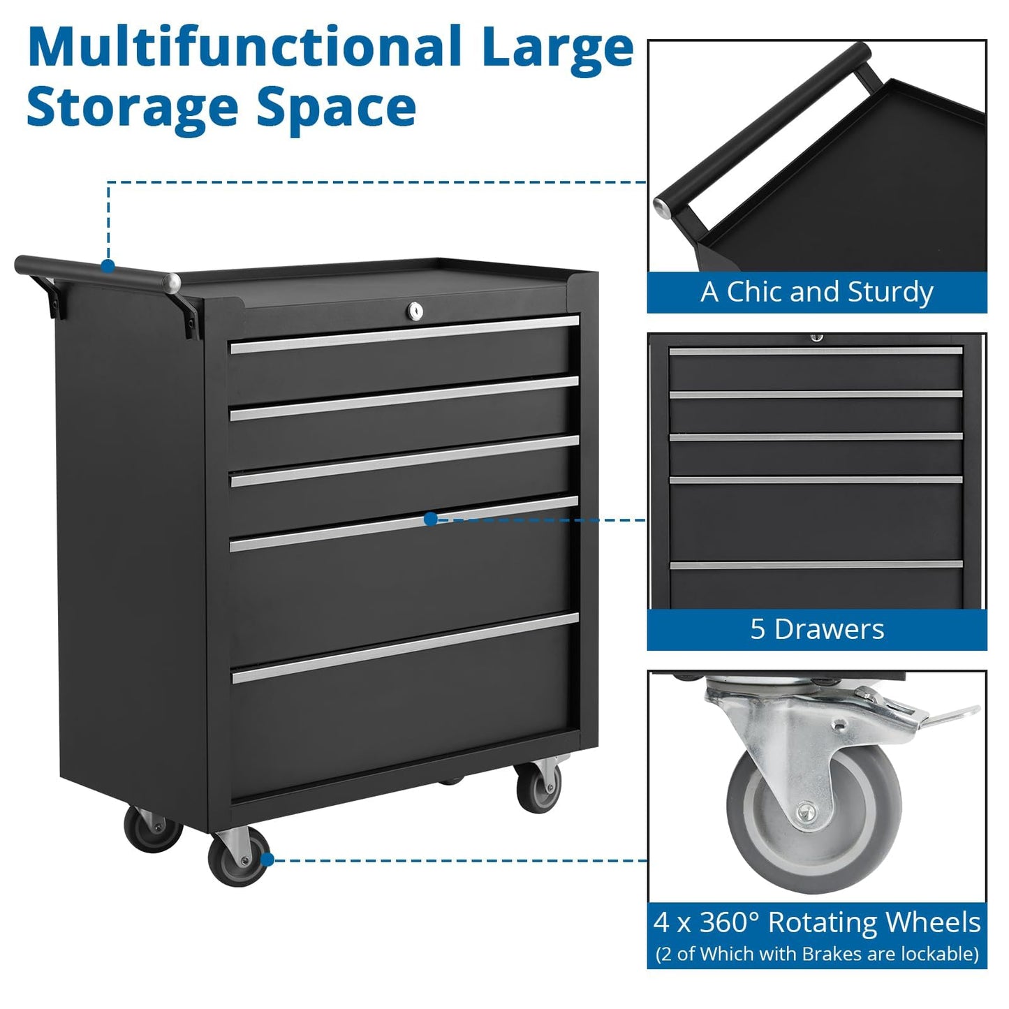5-Drawer Rolling Tool Chest,Tool Cabinet on Wheels with Keyed Locking System and Drawer Liners,Tool Chest with Link Buckle and Can Be Combined to Large Cabinet Set,for Garage, Warehouse & Repair Shop