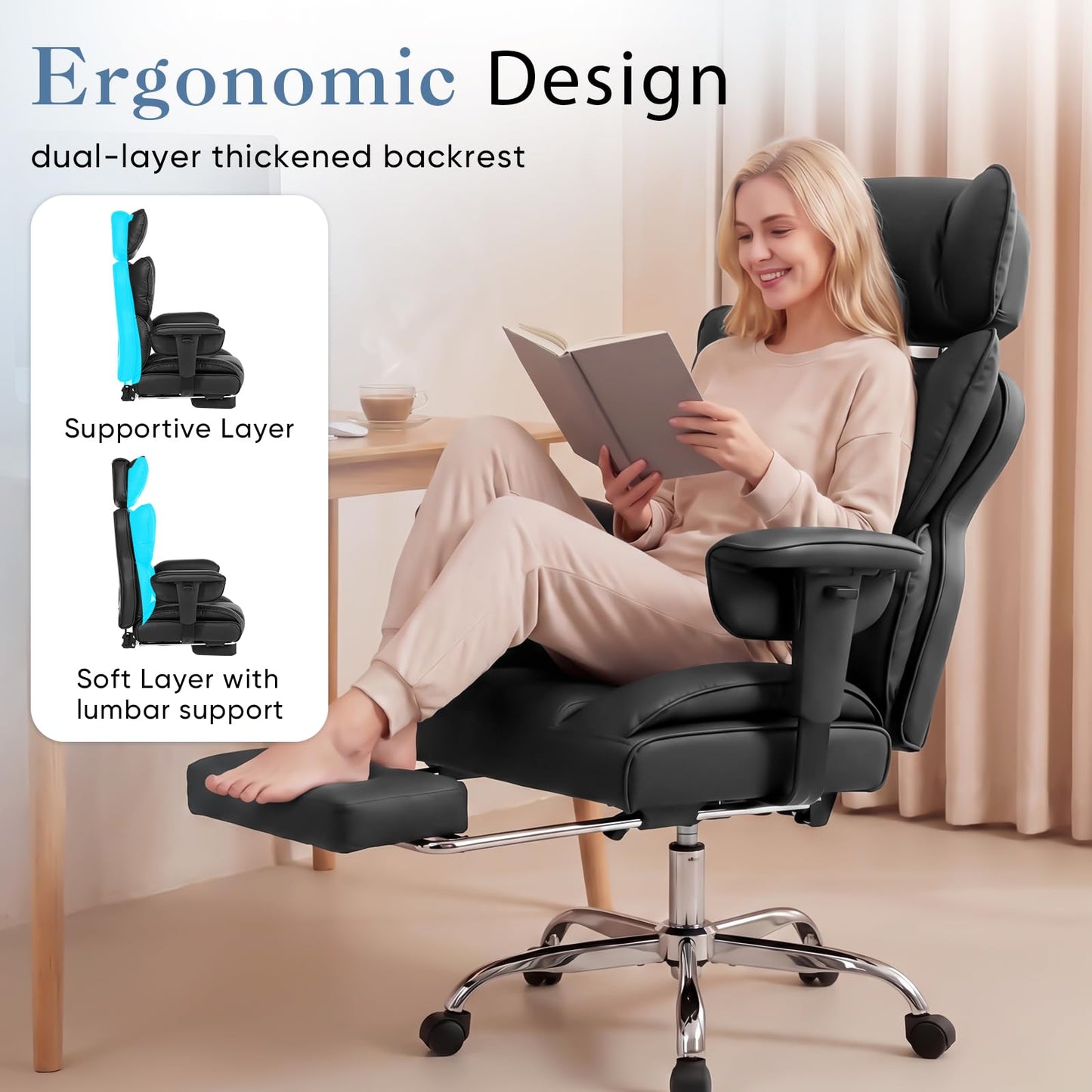 DUMOS Big and Tall Home Office Desk Chair, Gaming Computer Chair, Executive Ergonomic Chair with Footrest, High Back Reclining, Adjustable Armrests and Comfy Lumbar Support, PU Leather, Black