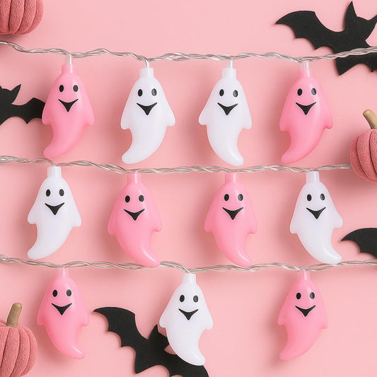 Glooglitter Pink Halloween Ghost Lights String, 6.5 ft, 2 Pcs, Plastic, Cute Indoor/Outdoor Decorations, Model JEI-Glooglitter-1997