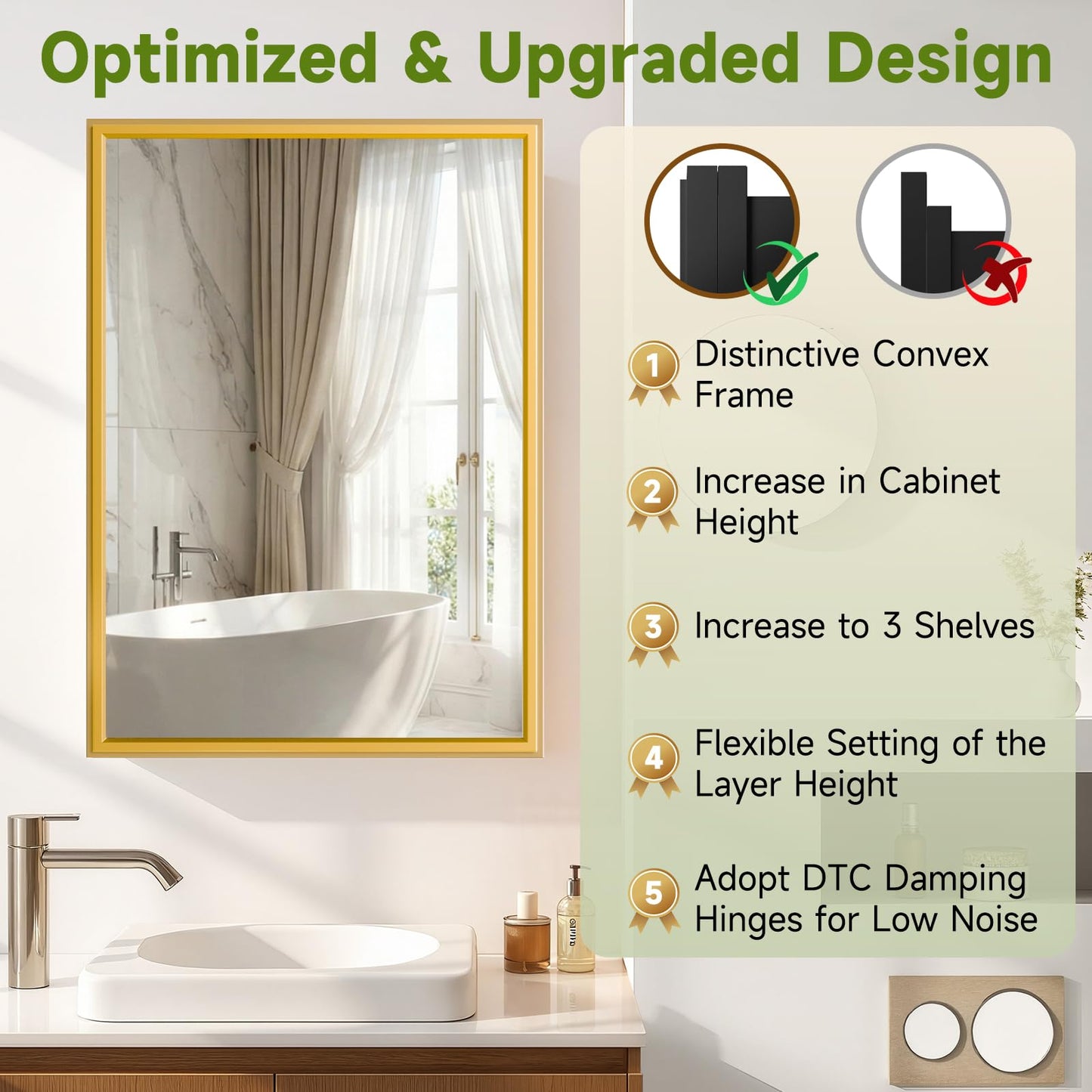 HGLITEDMIR 16 x 24 Inch Medicine Cabinet Recessed or Wall Mount Aluminum Bathroom Medicine Cabinet with Mirror and 3 Adjustable Shelves for Bedroom Entryway Dressing Room Apartment and Hotel Gold