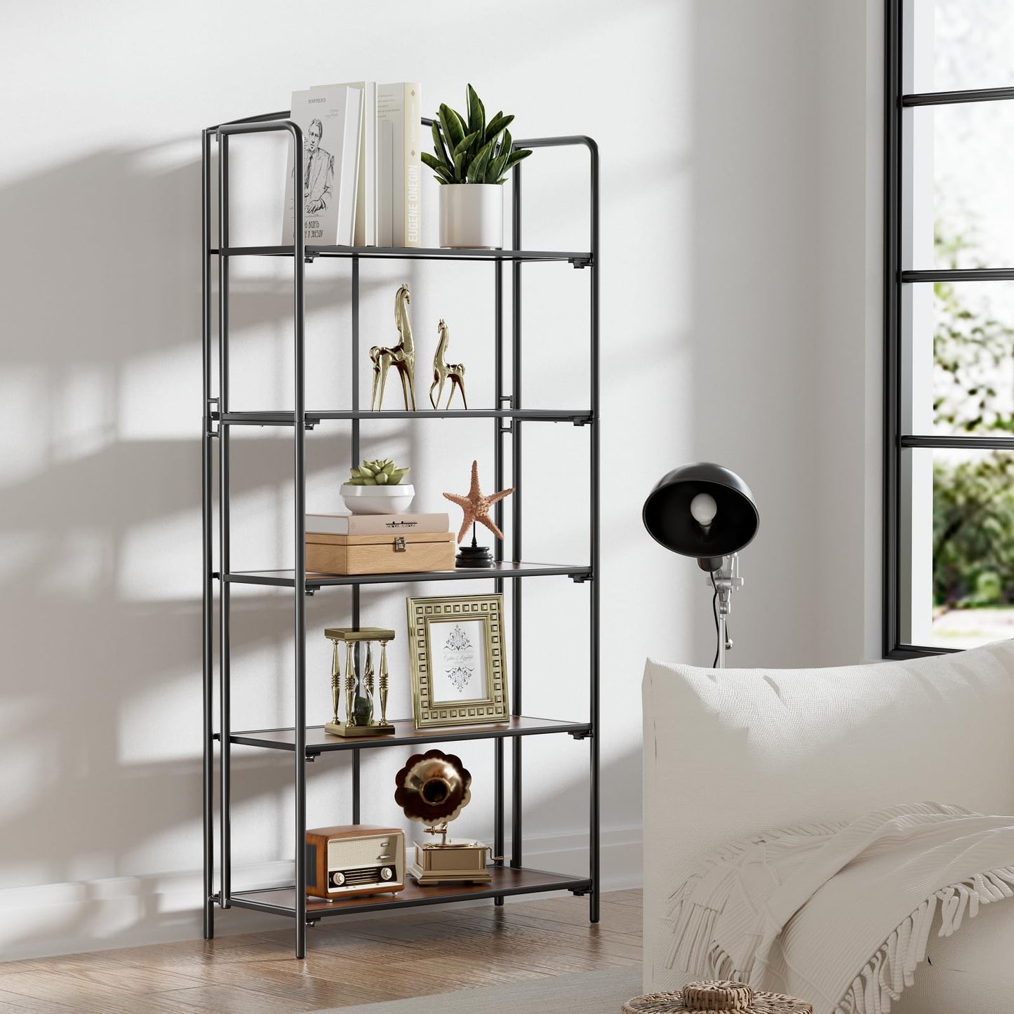 Crofy 5-Tier Wider Foldable Bookshelf, Black Frame & Walnut Shelves