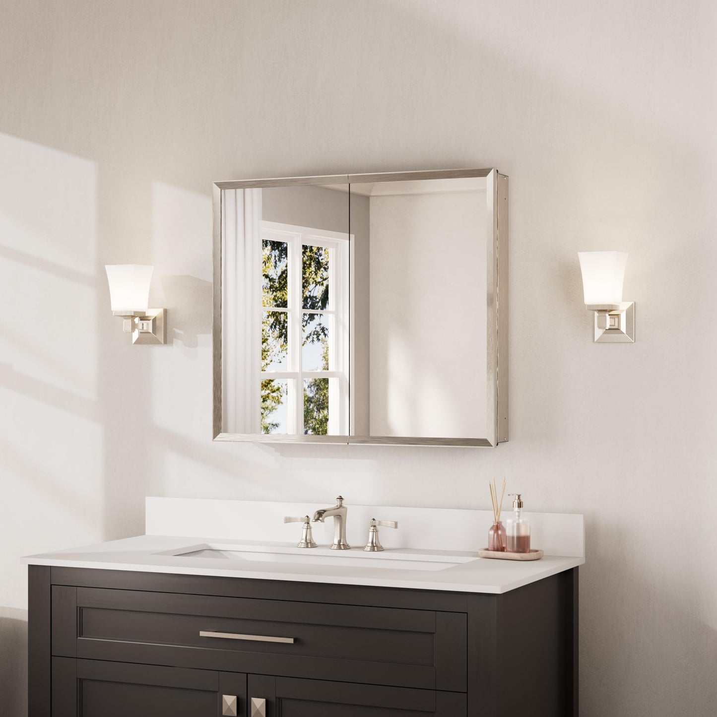 Keonjinn Medicine Cabinet Mirror 30" x 26", Brushed Nickel Bathroom Mirror with Storage, Assembly Needed